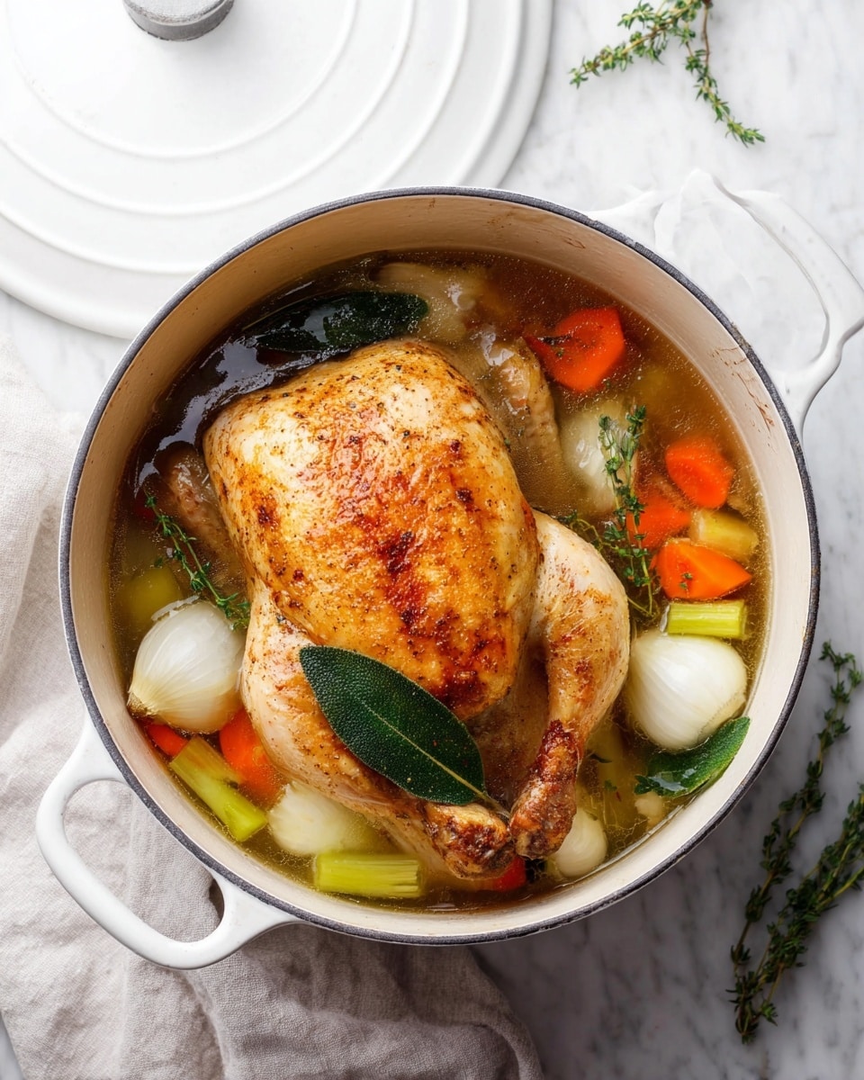 A cooked whole chicken with golden brown and slightly crispy skin sits in the middle of a white pot, surrounded by clear broth. Around the chicken, there are chunky pieces of orange carrots, light green celery stalks, quartered white onions, a whole garlic bulb cut in half showing white cloves, and green bay leaves. Small sprigs of thyme and rosemary float on top, adding a touch of green. The pot is placed on a white marbled surface with a matching white lid nearby. Photo taken with an iphone --ar 4:5 --v 7