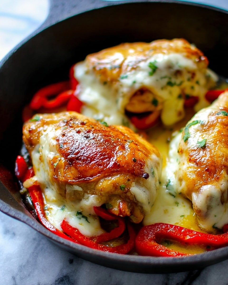 The image shows a black pan filled with three pieces of cooked chicken, each topped with melted white cheese that looks creamy and slightly browned in some spots. The chicken has a golden brown, crispy skin on top with a shiny texture. Beneath the chicken, there are bright red roasted pepper strips spread around, adding a pop of color to the dish. The background surface is a white marbled texture. Photo taken with an iphone --ar 4:5 --v 7
