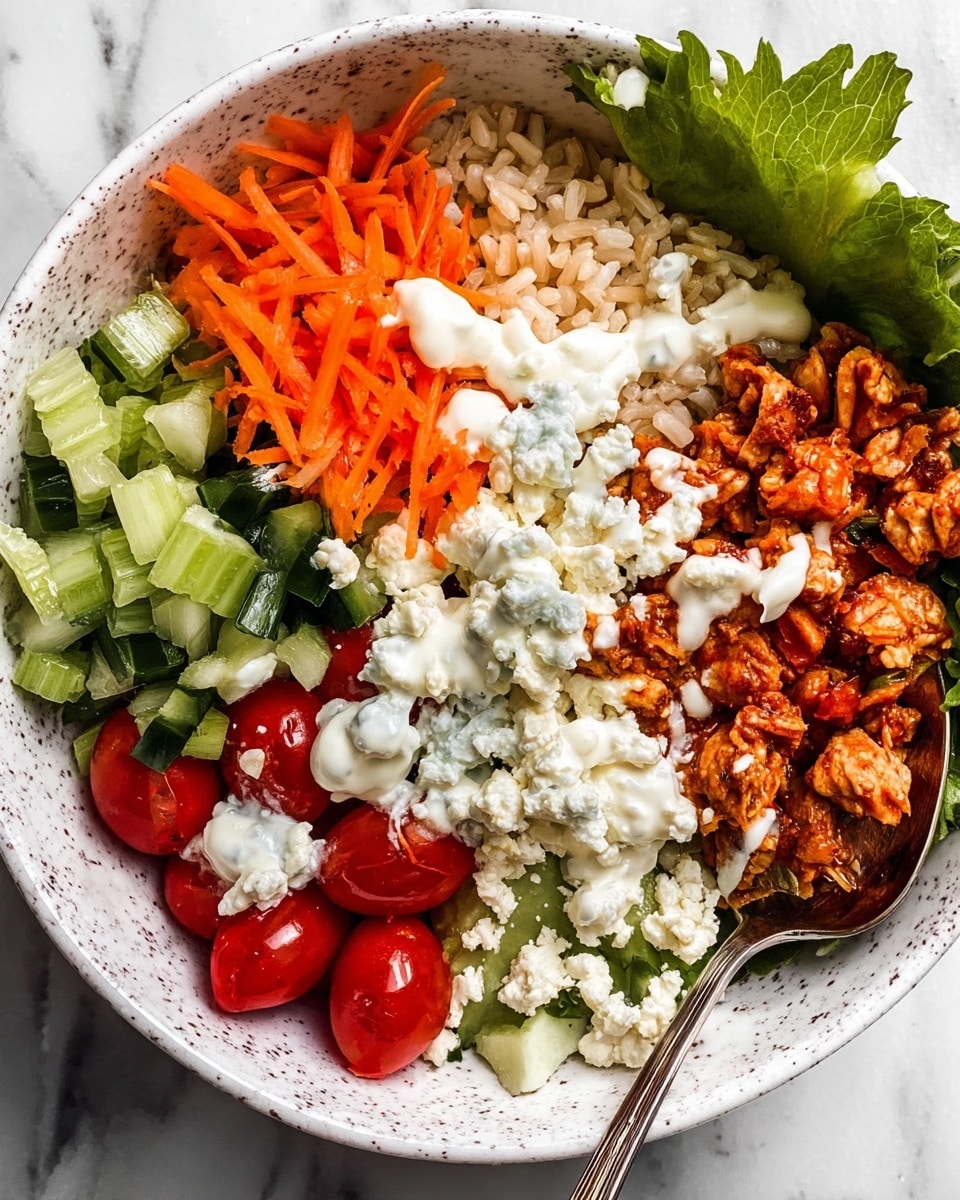 A white speckled bowl contains a colorful layered dish starting with a base of light brown rice on the left side. Next to the rice, there are chopped dark green celery pieces and bright orange shredded carrots. Towards the center, there is crumbled white cheese mixed with some lighter green bits. Bright red halved cherry tomatoes are placed near the front left edge. On the right side, there is a portion of reddish-brown seasoned cooked chunks, possibly meat or protein, topped with scattered dollops of creamy white dressing. A large green leafy herb sits near the top right, adding fresh contrast. A silver spoon rests on the right inside the bowl. The bowl sits on a white marbled surface. Photo taken with an iphone --ar 4:5 --v 7