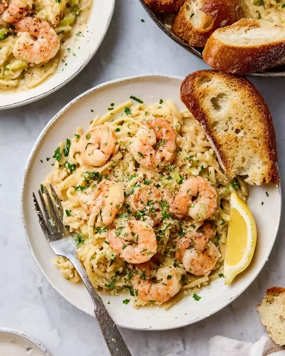 A white plate sits on a white marbled surface, filled with a creamy shrimp and pasta dish covered in a light sauce with visible herbs sprinkled on top. Large pink shrimp rest on top of the pasta, which has a soft and slightly glossy texture. A lemon wedge is placed on the edge of the plate on the bottom right, next to a torn piece of crusty brown bread positioned at the top right of the plate. A silver fork lies on the left side of the plate. In the background, another white plate with the same dish and a piece of bread is partly visible. Photo taken with an iphone --ar 4:5 --v 7