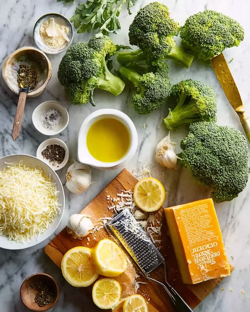 The image shows a white marbled surface with several fresh green broccoli heads and cut broccoli florets scattered on the top right. A golden knife lies horizontally near the top, close to the broccoli. To the right center, there is a small white bowl filled with yellow oil. Below it, on a wooden board, there is a block of orange and white cheese with text on its side, along with three lemon wedges and a whole lemon. To the bottom left, a white bowl holds finely shredded cheese, with some cheese scattered outside the bowl. Nearby is a metal grater with shredded cheese on it. Small bowls containing garlic, black pepper, and salt are placed near the top left corner. The scene looks fresh and ready for cooking, photo taken with an iphone --ar 4:5 --v 7