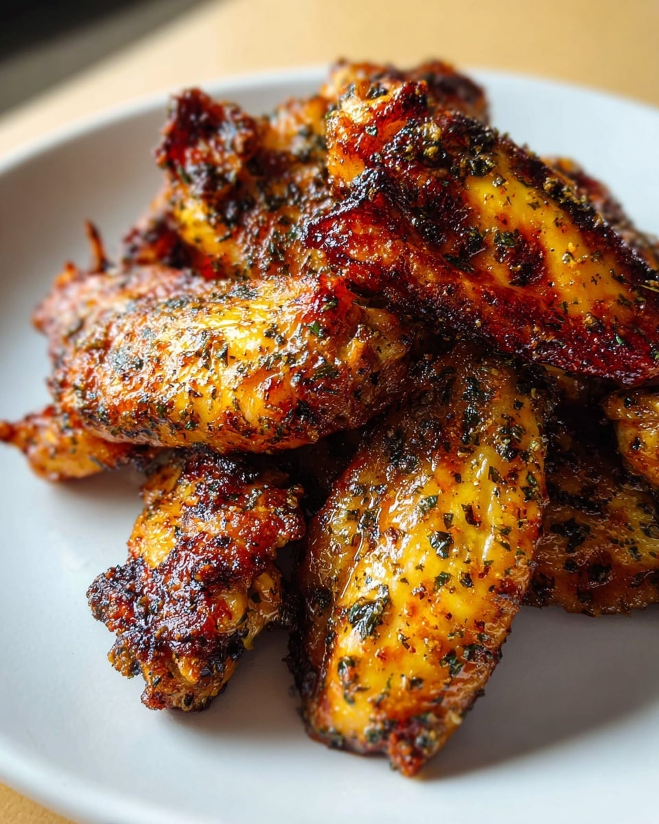A white round plate filled with several pieces of grilled chicken wings stacked closely together, showing a mix of golden yellow and deep brown colors with charred spots. The chicken wings have a textured surface covered with small black and green herb flakes, giving a crispy and seasoned look. The lighting highlights the slightly oily and shiny skin, emphasizing the rough and crunchy texture on the edges. The plate rests on a white marbled surface with natural light coming from the side. photo taken with an iphone --ar 4:5 --v 7