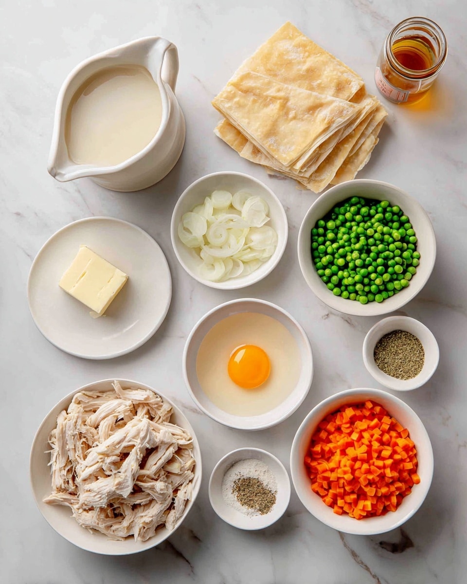 The image shows various ingredients arranged neatly on a white marbled surface. There is a small glass pitcher of milk, a small white plate with a square of butter, and a white bowl with a single raw egg yolk and egg white. Another white bowl holds shredded cooked chicken, while a white bowl contains frozen mixed peas and diced carrots. A separate white bowl is filled with thinly sliced onions. There are two small white dishes, one with a mix of seasonings including crushed garlic and dried herbs, and another with a light-colored powder or flour. A stack of light beige pastry sheets lies flat beside a jar of broth with a golden brown color. Photo taken with an iphone --ar 4:5 --v 7
