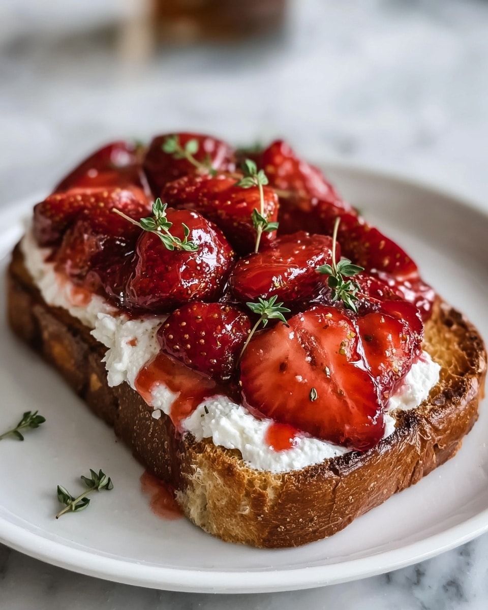 A piece of toasted bread with a crispy, golden-brown crust forms the base layer, topped with a thick spread of soft, white cottage cheese. Over the cheese, there is a generous layer of glossy, bright red strawberries, some whole and some sliced, coated lightly with strawberry syrup that drips down the side. Small green thyme leaves are scattered on top of the strawberries, adding a fresh touch. The toast sits on a white plate placed on a white marbled surface. photo taken with an iphone --ar 4:5 --v 7