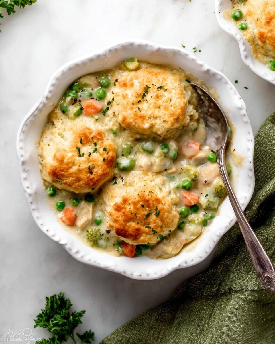 The image shows a white decorative bowl filled with a creamy chicken and vegetable pot pie dish. The dish has a golden brown, slightly crisp biscuit layer on top, sitting above a creamy sauce mixed with bright green peas, small carrot slices, broccoli pieces, and chunks of chicken. A silver spoon rests inside the bowl on the right side. The bowl is placed on a white marbled surface, with a green cloth napkin partially visible on the bottom right corner. A hint of fresh parsley is seen near the bottom left corner. Photo taken with an iphone --ar 4:5 --v 7