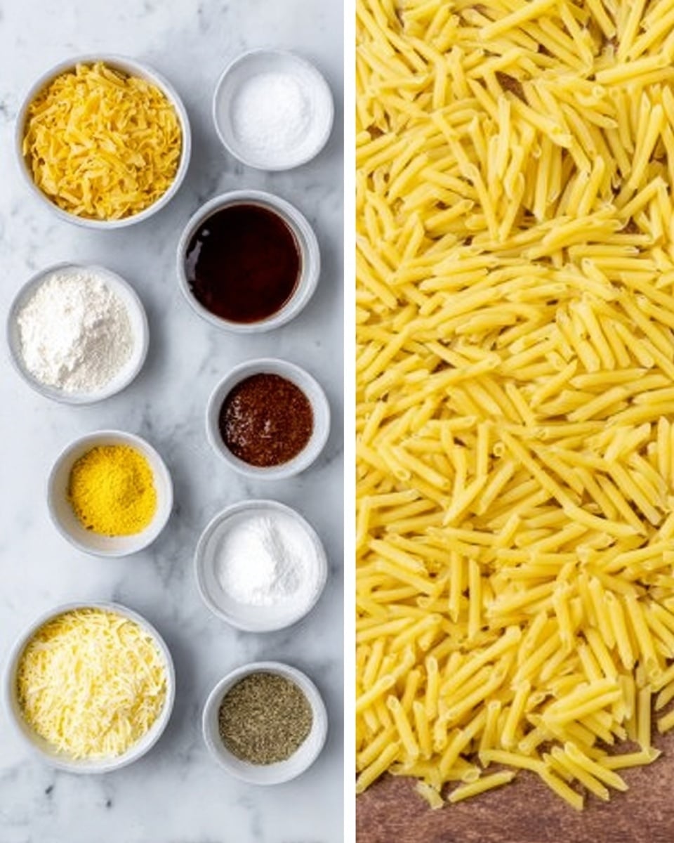 The image shows two parts: on the left, there are several white bowls arranged on a white marbled surface, each containing different ingredients for cooking. One bowl is filled with uncooked yellow pasta pieces, another has dark brown sauce, and smaller bowls hold white flour, yellow spice, white grated cheese, salt, and other colored powdered seasonings. On the right side, there is a close-up of many yellow uncooked pasta pieces spread out evenly on the white marbled surface. The pasta has a smooth texture and appears fresh. photo taken with an iphone --ar 4:5 --v 7