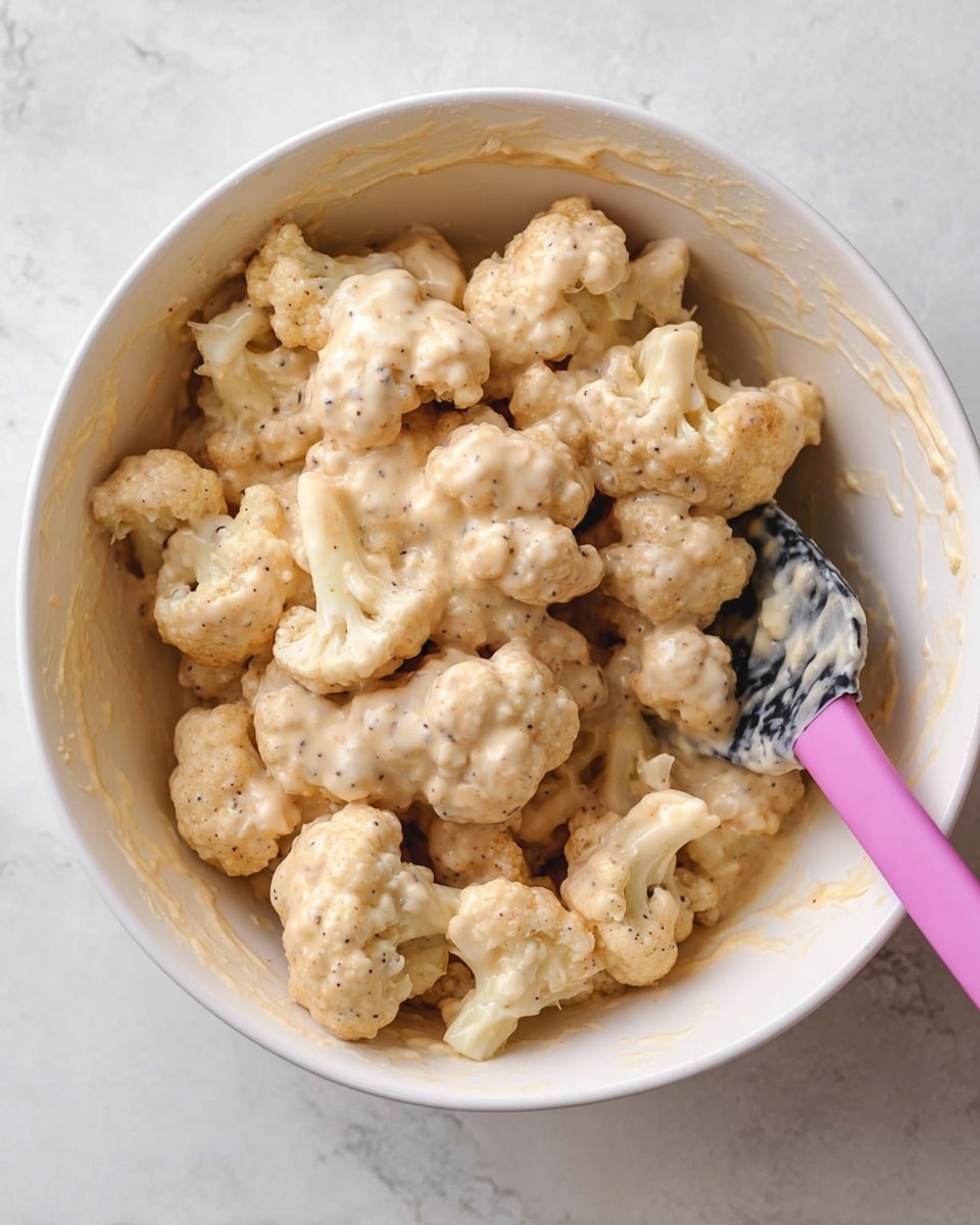 A white bowl filled with cauliflower pieces covered in a thick, creamy light beige sauce. The cauliflower florets are chunky and coated evenly with the sauce, showing a textured surface. A pink and black spatula rests inside the bowl on the right side, partially covered with the same sauce. The bowl sits on a white marbled surface. photo taken with an iphone --ar 4:5 --v 7