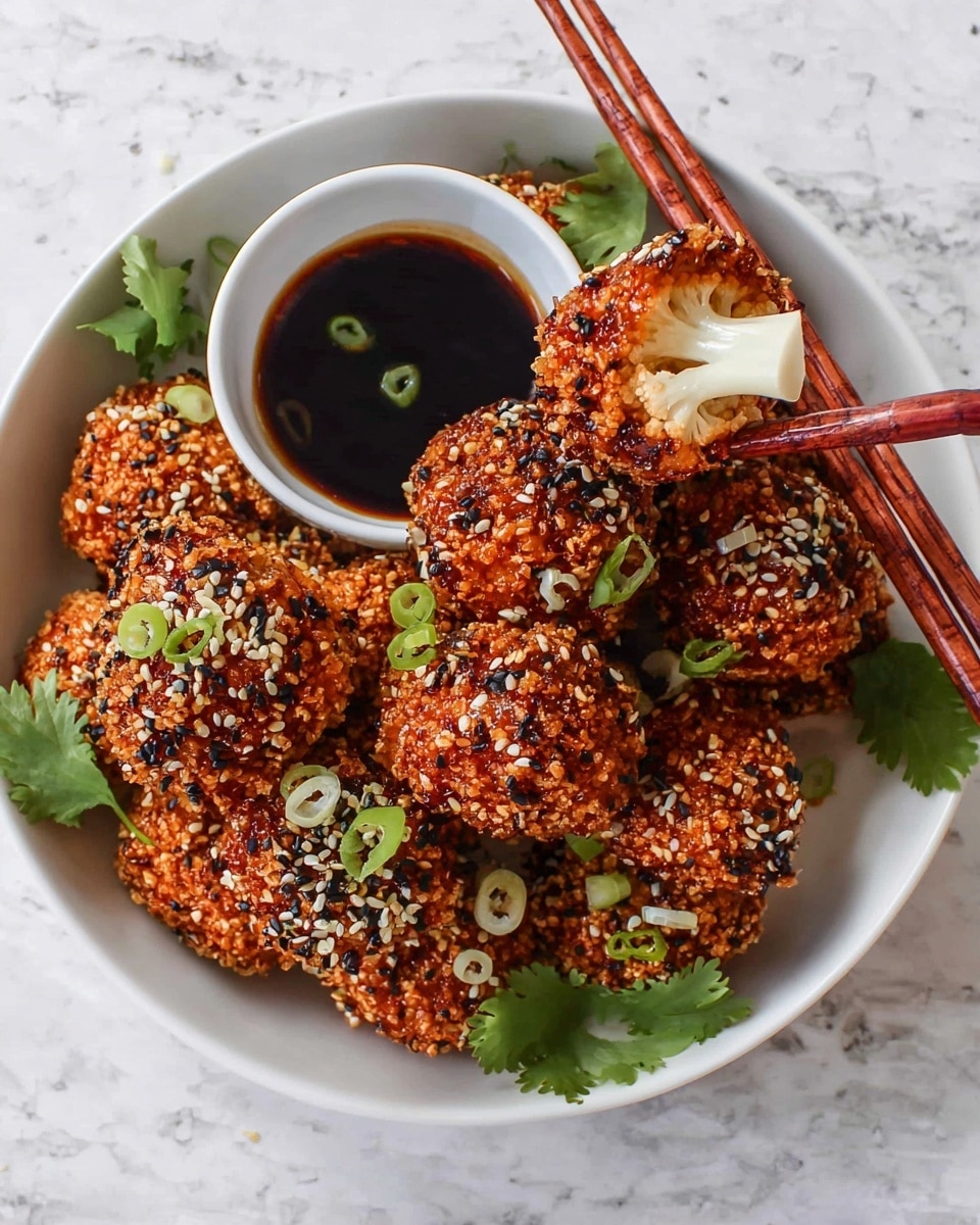 A white bowl filled with several round, textured pieces coated in a reddish-brown crispy layer sprinkled with white and black sesame seeds and small green onion rings on top. In the center of the bowl is a small white bowl with dark soy sauce and a slice of white cauliflower partially dipped in the sauce. Green cilantro leaves are placed around the bowl’s edge, and a pair of reddish-brown chopsticks hold one of the coated pieces. The bowl is set on a white marbled surface. photo taken with an iphone --ar 4:5 --v 7