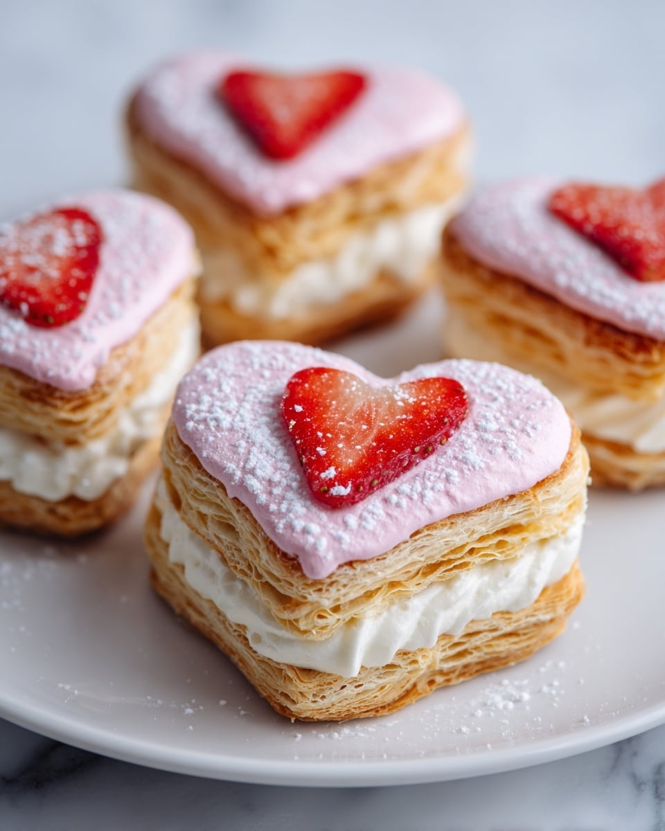 The image shows four heart-shaped pastries on a white plate placed on a white marbled surface. Each pastry has three main layers: the bottom layer is a light golden, flaky puff pastry with visible thin layers, the middle layer is a white cream that looks soft and smooth, and the top layer is a light pink cream topped with three small slices of bright red strawberries. There is a dusting of white powdered sugar sprinkled over the pastries and plate, adding a delicate touch. The focus is on the front pastry while the others are slightly blurred in the background. Photo taken with an iphone --ar 4:5 --v 7