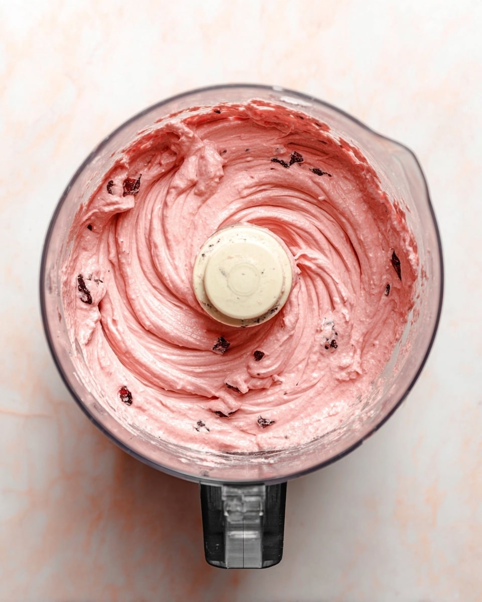 A top view of a food processor bowl filled with a creamy pink mixture swirled in a circular pattern, with small dark chunks mixed throughout. The bowl is clear plastic, showing the mixer's central blade piece in the middle, and the machine base is partially visible in silver and black below. The background is a white marbled texture. photo taken with an iphone --ar 4:5 --v 7
