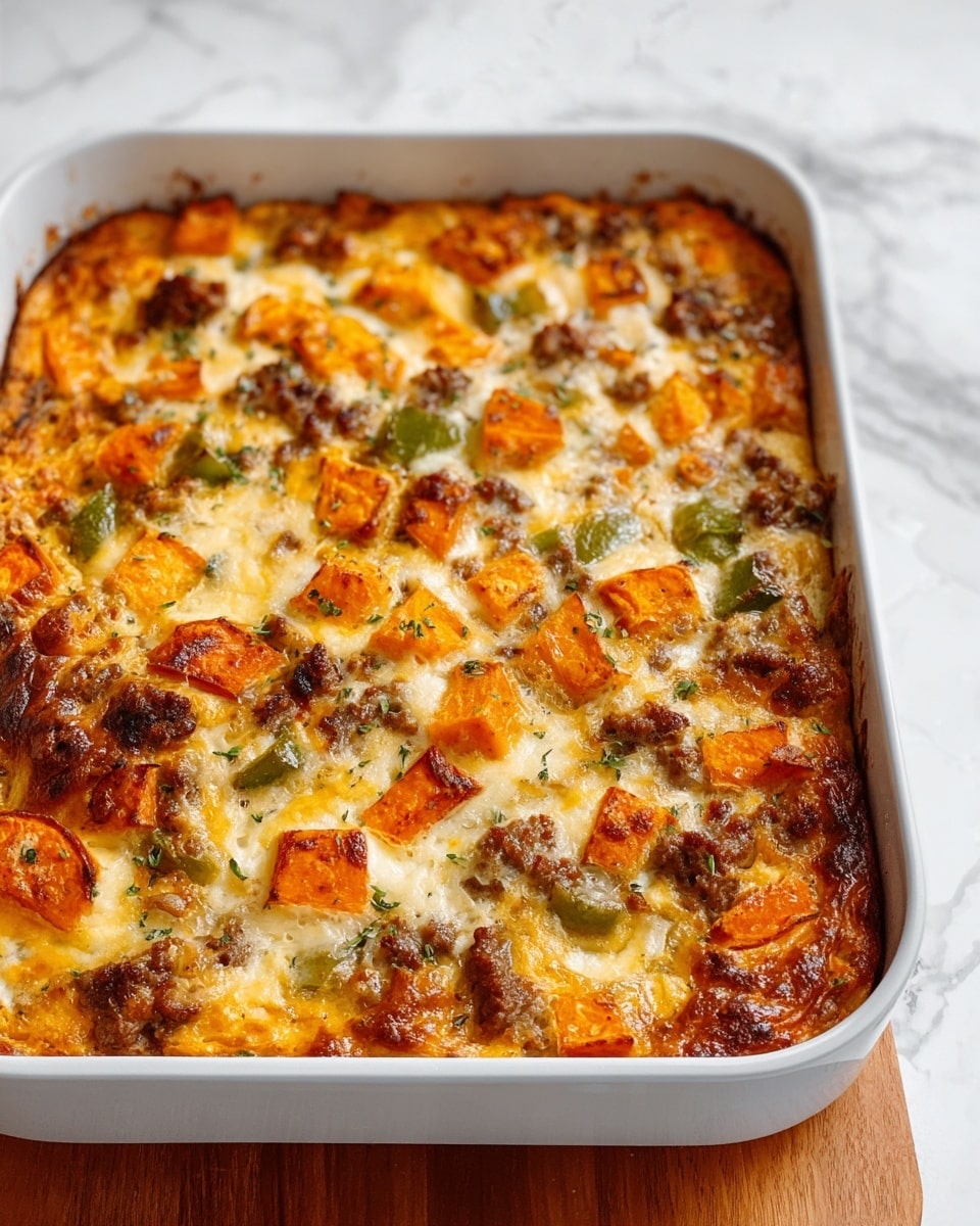A baked dish inside a white rectangular pan resting on a wooden surface, showing a golden top layer with melted cheese that has slightly browned spots, mixed with orange cubes of cooked sweet potato and green pieces of bell pepper scattered across the surface. You can see bits of browned ground meat and some green herbs spread throughout, giving a speckled texture. The edges are slightly darker, hinting at a crispy finish. The background is a white marbled texture. photo taken with an iphone --ar 4:5 --v 7