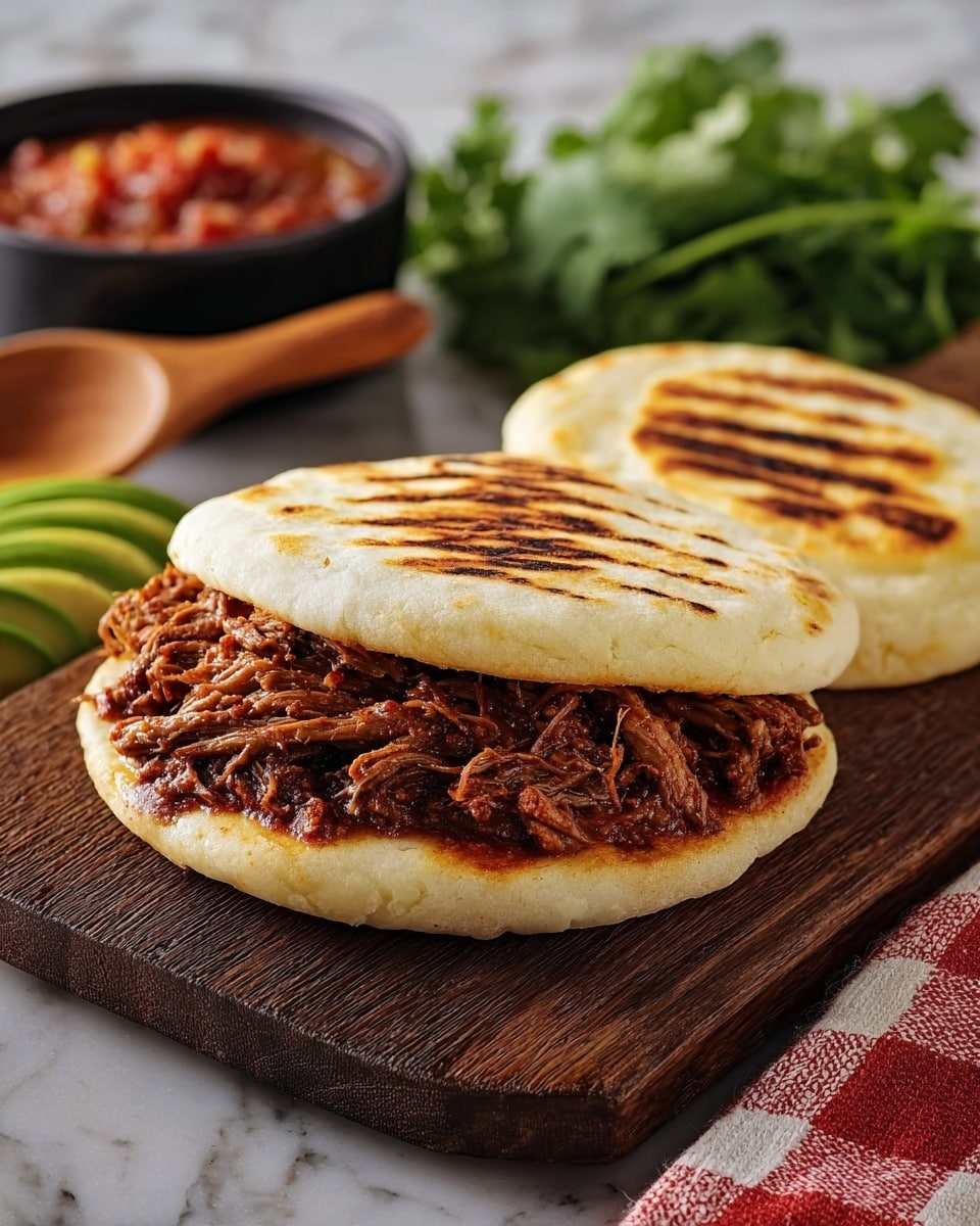 The image shows a sandwich with two thick, flat, golden-brown toasted bread layers, each with light grill marks. Between the bread layers is a filling of shredded, rich brown meat mixed with red sauce, looking moist and tender. The sandwich is placed on a dark wooden block, with a blurred background featuring green avocado slices, some fresh green leaves, and a small bowl of diced red and orange salsa. A white and red cloth lies nearby, and a wooden spoon is also visible. The whole scene is set against a white marbled texture. photo taken with an iphone --ar 4:5 --v 7