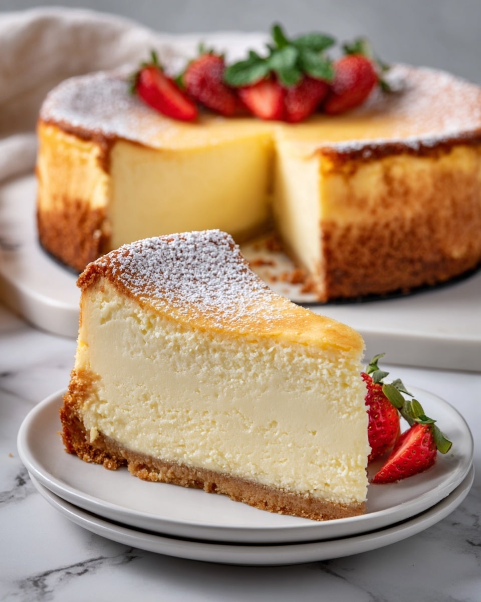 The image shows a thick slice of cheesecake on a white plate, placed on a white marbled surface. The cheesecake has three layers: a thin, golden-brown crust at the bottom, a thick smooth creamy pale yellow filling in the middle, and a slightly browned top crust dusted with powdered sugar. In the background, the remaining cheesecake, missing the slice, sits on a white square board. The top of the whole cake is similarly dusted with powdered sugar and partly decorated with strawberries and small green leaves on one side. Photo taken with an iphone --ar 4:5 --v 7