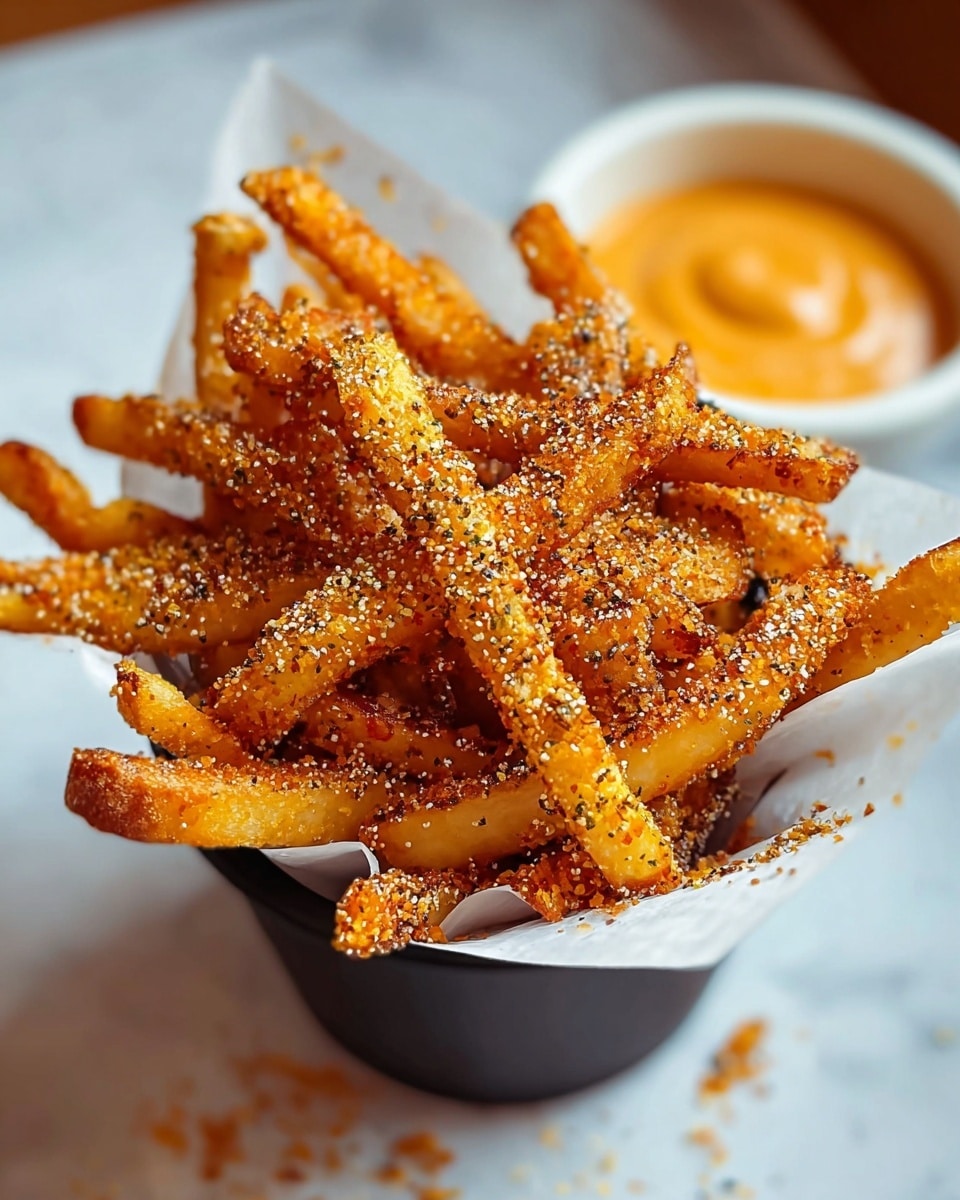 A white bowl lined with white paper holds a large pile of golden brown fries covered with a light dusting of parmesan cheese and black pepper seasoning, giving them a crispy and textured look. Behind the fries, there is a small black container filled with a creamy light beige dipping sauce with visible pepper flakes. The white marbled surface under the bowl adds a clean and bright contrast to the warm tones of the fries. photo taken with an iphone --ar 4:5 --v 7