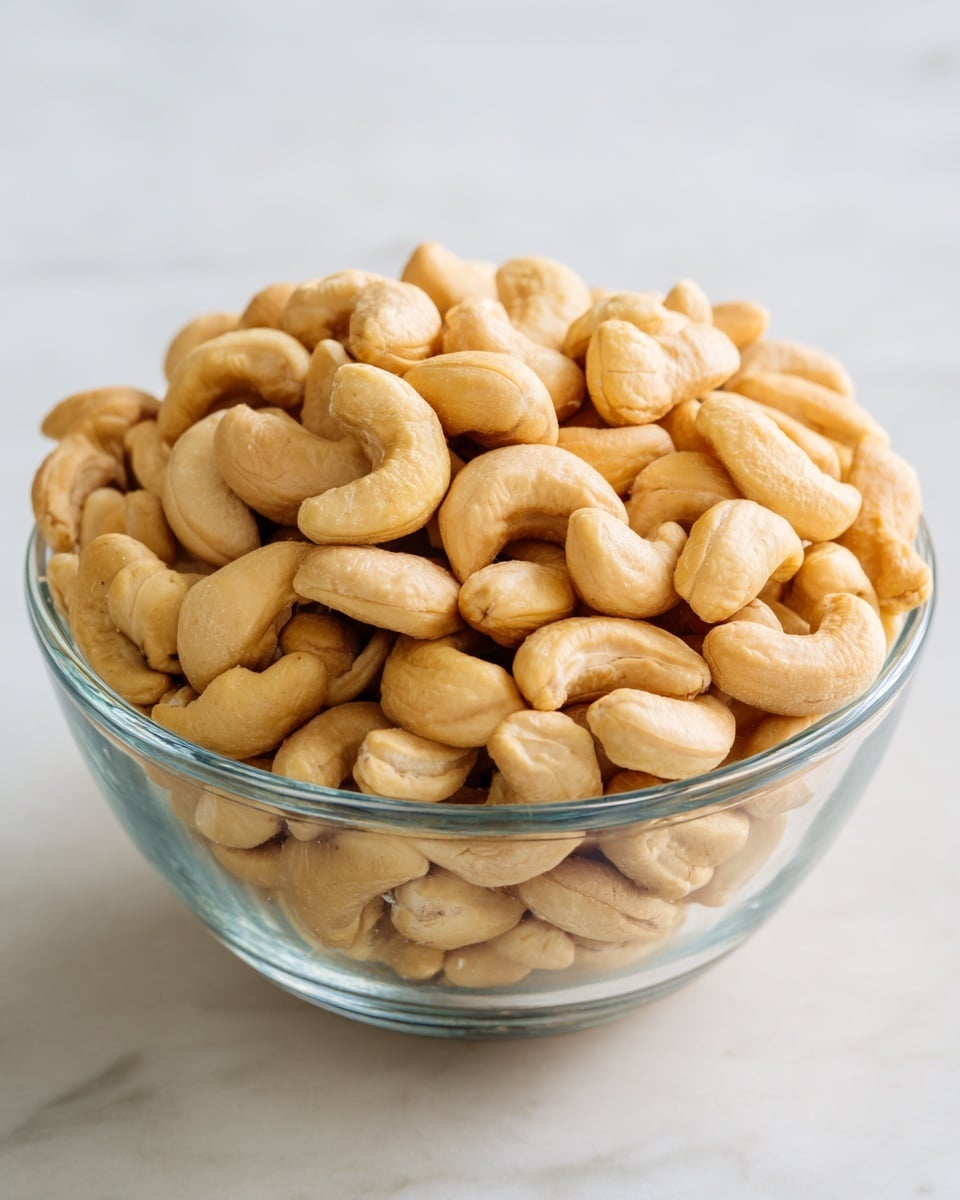 A clear glass bowl filled with a large pile of light tan cashew nuts, each nut smooth with soft curves and slight variations in color from pale beige to a deeper tan. The bowl is set on a surface with a white marbled texture, giving a clean and bright background to highlight the cashews. The nuts fill the bowl almost to the top, showing their natural curved shapes and a mix of whole nuts with some slightly broken pieces. photo taken with an iphone --ar 4:5 --v 7