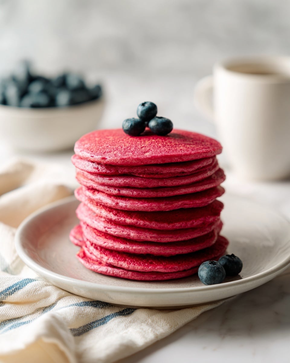 A stack of four bright red pancakes sits on a white plate with a slightly raised edge, dusted lightly with powdered sugar on top. The top pancake has two large dark blueberries as decoration, with one blueberry on the plate to the right and another to the front. One slice has been cut and is partially lifted by a silver fork, showing the soft and thick texture inside. In the background, there is a white bowl filled with dark blueberries placed on a white marbled surface. A cream-colored cloth and a striped green and white towel lay around the plate, adding a rustic touch. photo taken with an iphone --ar 4:5 --v 7