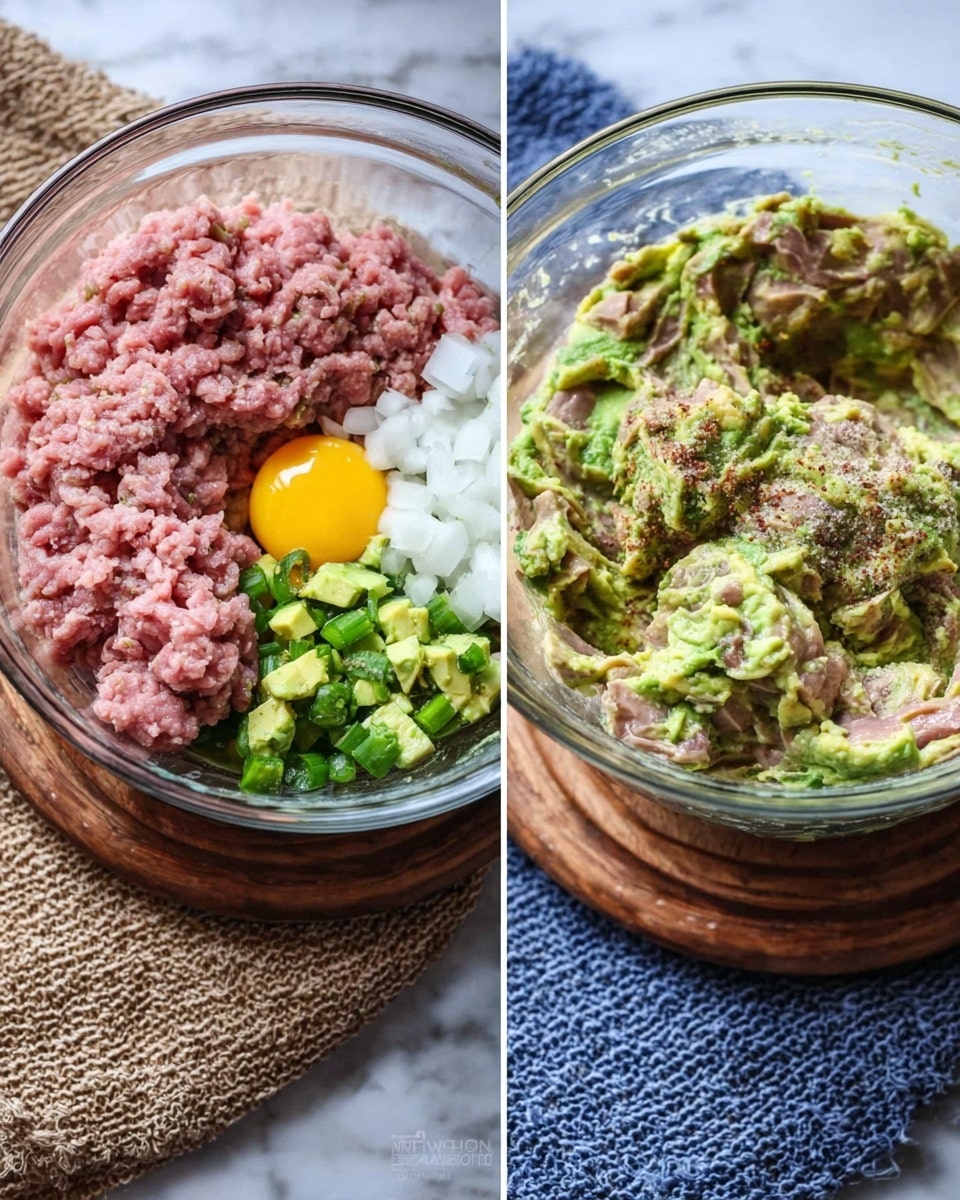 The image shows two clear glass bowls on a white marbled surface, each with different contents. The first bowl contains separate layers of ingredients: pink raw ground meat on the left, small white diced onions on the top, a bright yellow egg yolk in the center, and green avocado pieces on the right, with some seasoning sprinkled on top. The second bowl has all these ingredients mixed together into a thick, creamy texture with visible chunks of green avocado spread throughout the mixture. A tan woven cloth and a blue textured mat are underneath the bowls, and the bowls sit on small round wooden boards. photo taken with an iphone --ar 4:5 --v 7
