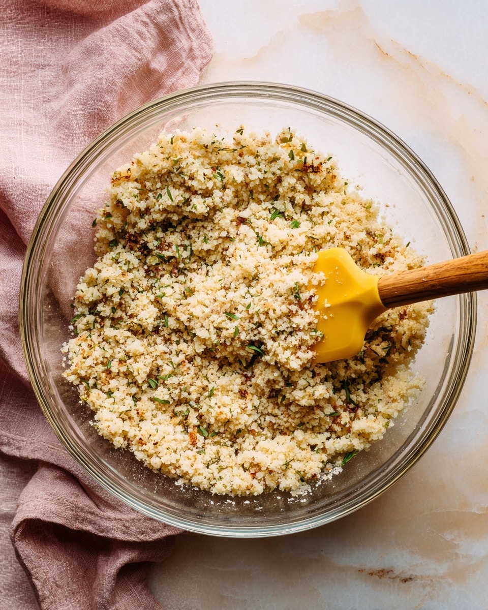 A clear glass bowl filled with a mixture of small, light beige grain-like pieces with green herb bits scattered throughout. The texture looks crumbly and soft, with some pinkish-brown toasted bits mixed in. A yellow spatula with a wooden handle is partially buried in the mixture, stirring it gently. The background shows a blurred white marbled surface with a soft pink cloth draped in the upper part of the image. photo taken with an iphone --ar 4:5 --v 7