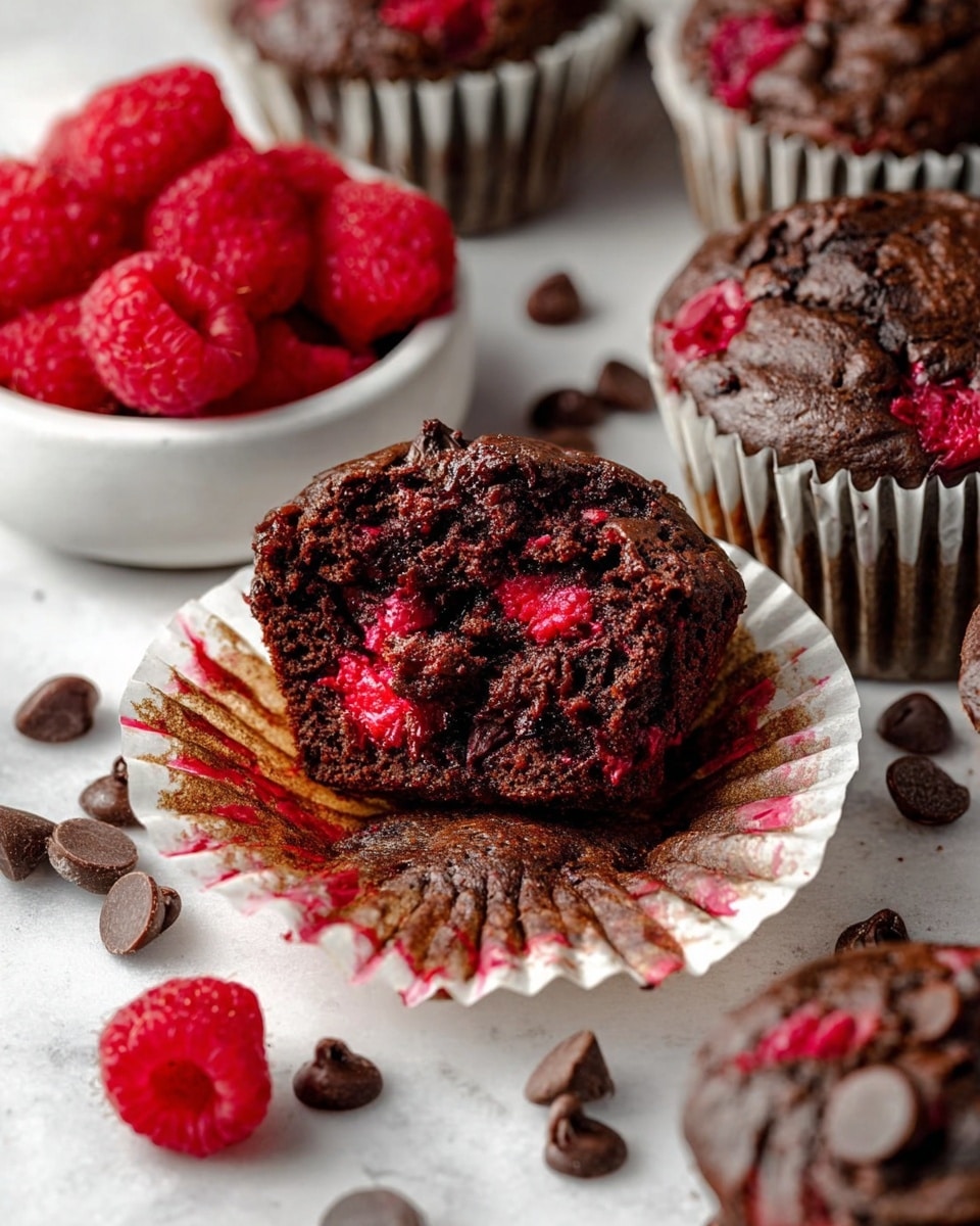 The image shows a chocolate raspberry muffin with a bite taken out, placed in an opened white paper liner with red raspberry spots inside. The inside of the muffin is dark brown with bright red raspberry pieces visible throughout, giving a soft, moist texture look. Around the muffin, there are whole chocolate chip muffins and scattered chocolate chips on a white marbled surface. To the left, a white bowl is filled with fresh, red raspberries and a few loose raspberries sit nearby. The colors are rich with deep brown and bright red contrasts, showing a cozy and fresh baked scene. Photo taken with an iphone --ar 4:5 --v 7