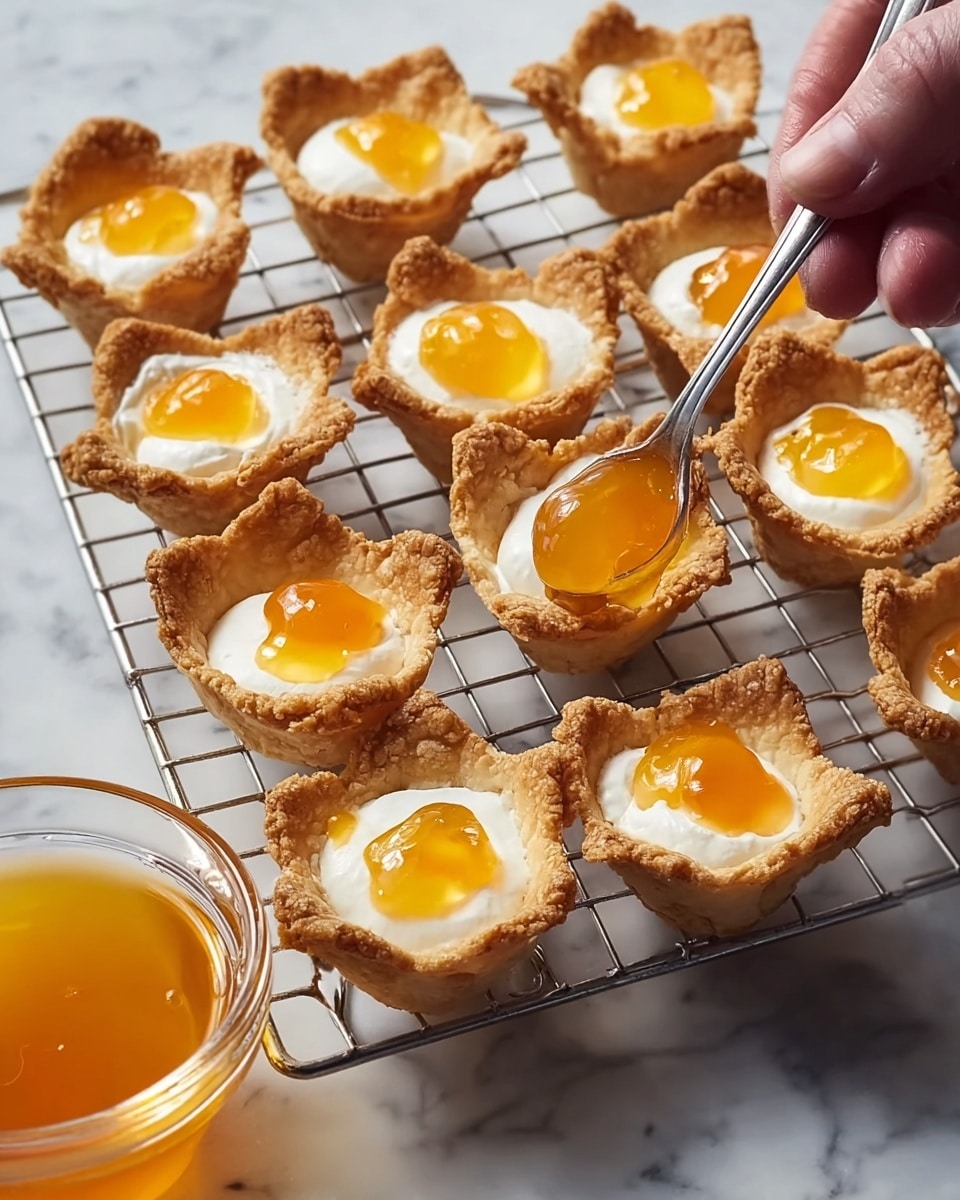 A group of small tarts arranged on a silver cooling rack placed on a white marbled surface, each tart has one golden brown, crispy pastry shell with four uneven pointed edges forming a cup shape, filled with a smooth white cream layer and topped with a dollop of shiny orange jelly. A woman's hand holds a small silver spoon with some orange jelly, about to place it on one tart. Near the rack is a clear glass bowl filled with more orange jelly. The lighting is natural and soft, giving a fresh and inviting look to the scene photo taken with an iphone --ar 4:5 --v 7