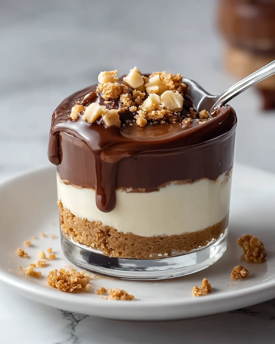 A clear glass cup holds a dessert with three visible layers: the bottom layer is white cream with pieces of light brown crumb mixed in, the middle layer is smooth dark chocolate that coats the top part inside the cup, and the top layer is a dark chocolate ganache topped with scattered chunks of light brown crumb. A silver spoon is inserted into the dessert, breaking the top chocolate layer and showing the cream beneath. The background shows a white marbled texture. photo taken with an iphone --ar 4:5 --v 7
