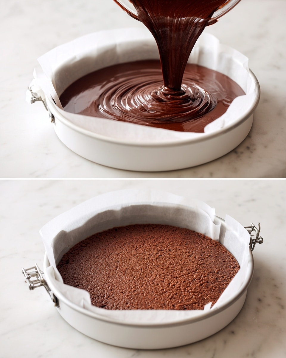 A white round baking pan lined with white parchment paper sits on a white marbled surface. In the first image, thick, smooth, dark brown chocolate batter is being poured into the pan from above, showing movement and swirls in the batter. In the second image, the same pan holds the batter evenly spread in a single layer, with a textured and slightly cracked surface. The pan is metal with a latch on the side, and the white marbled surface beneath is clean and bright. photo taken with an iphone --ar 4:5 --v 7
