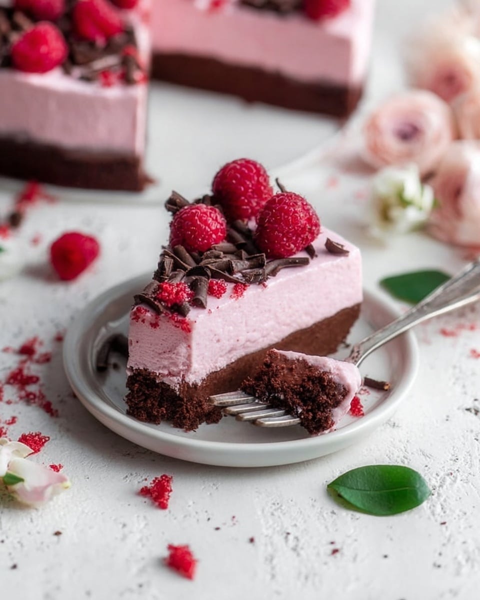 A slice of dessert with two layers is placed on a white plate on a white marbled surface. The bottom layer is thick and dark brown, looking rich and dense, while the top layer is a thick, smooth pink cream. The pink layer is decorated with a fresh red raspberry and small, thin dark chocolate shavings. Around the plate and surface, there are scattered fresh raspberries, small red crumbs, white flower petals, and a bright green leaf. A silver fork beside the slice holds a bite with both layers visible. In the background, more slices of the same dessert sit on a round white plate. The photo taken with an iphone --ar 4:5 --v 7