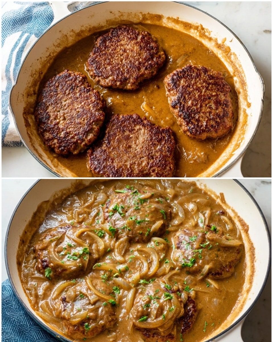 A white pan contains four browned meat patties in a thick, light brown sauce with visible onion slices. The patties have a slightly crisp texture with uneven edges and sit mostly flat in the sauce. The sauce is smooth but chunky from onions and covers the bottom of the pan, pooling around the patties. In the second image, the sauce looks richer and thicker with a glossy shine, and fresh green herbs are sprinkled on top, adding small pops of color. The pan is set on a white marbled surface with a folded blue and white striped cloth partly visible. Photo taken with an iphone --ar 4:5 --v 7
