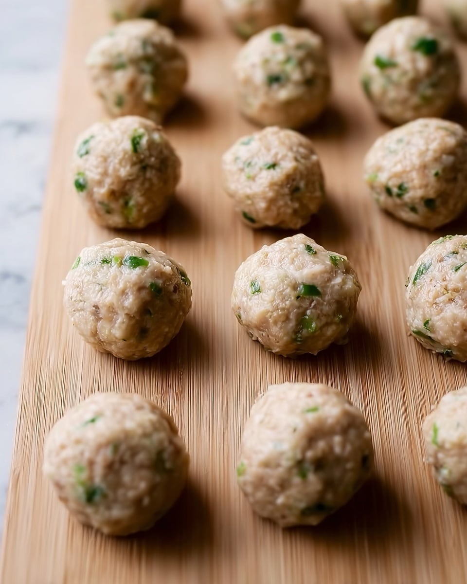 A bowl filled with round, golden-brown glazed meatballs stacked in a pyramid shape. The meatballs have a shiny, sticky reddish-brown sauce coating that makes them look juicy. They are sprinkled with white sesame seeds and small slices of bright green scallions on top. The bowl is white and sits on a white marbled surface. Photo taken with an iphone --ar 4:5 --v 7