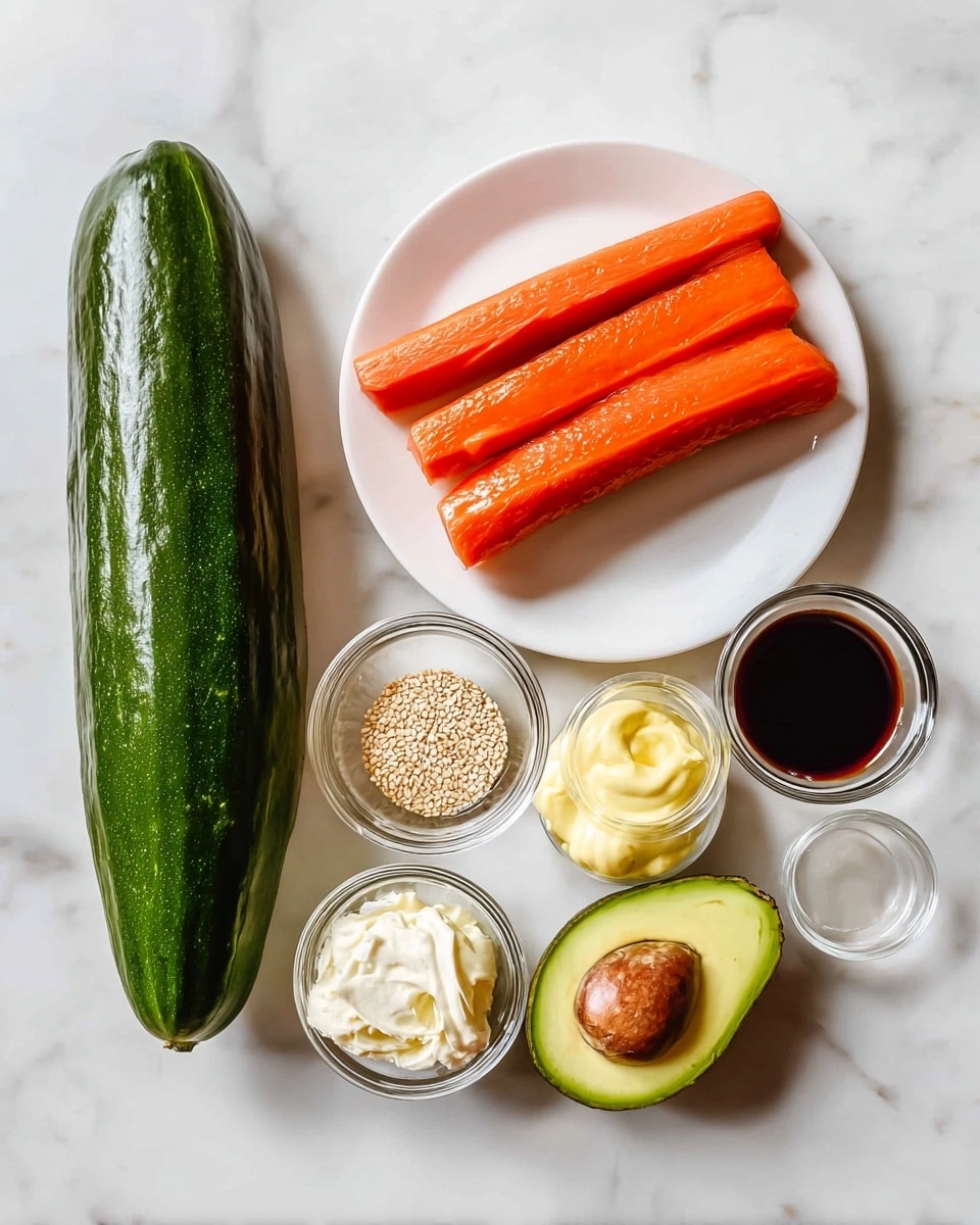 A long, dark green cucumber with a smooth texture lies on a white marbled surface next to half a ripe avocado showing its large brown seed and creamy green inside. On a white plate, there are four bright orange crab sticks arranged vertically. Around them on the plate, there are four small clear glass bowls with different ingredients: one contains light brown sesame seeds, another holds dark soy sauce, a third has white creamy cheese, and the last one has pale yellow mayonnaise. The colors are vibrant, the textures vary from smooth to creamy, all set on a clean white marbled background photo taken with an iphone --ar 4:5 --v 7