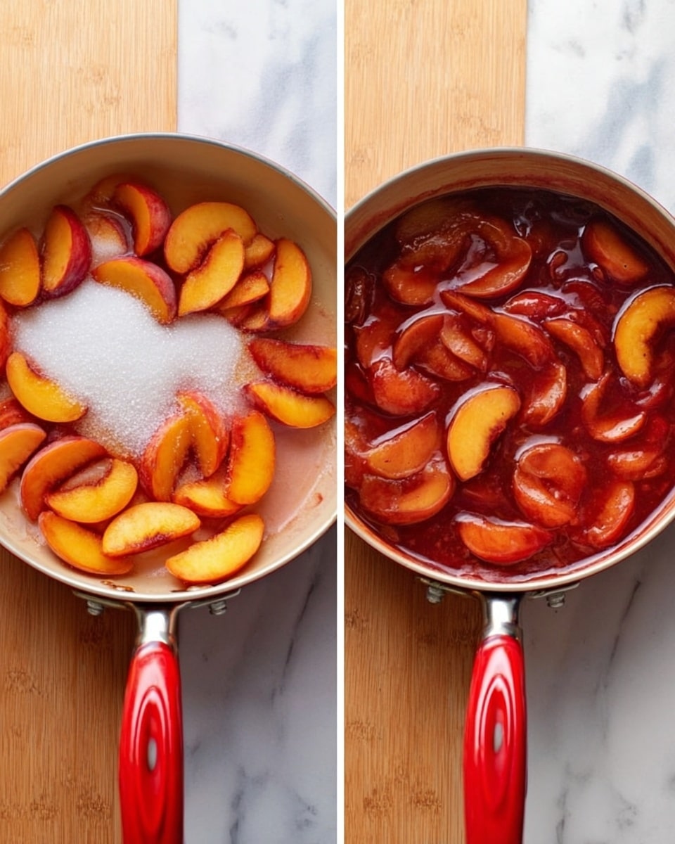 The image shows a before and after of a small pan with a red handle on a white marbled texture. On the left, the pan contains sliced peaches with orange and red skin arranged loosely, along with a pile of white sugar that is starting to mix in. On the right, the peaches have softened and turned a deep orange-brown color, simmered in a thick red syrup that covers the peach slices evenly, creating a glossy texture. The pan and red handle remain consistent in both images. photo taken with an iphone --ar 4:5 --v 7
