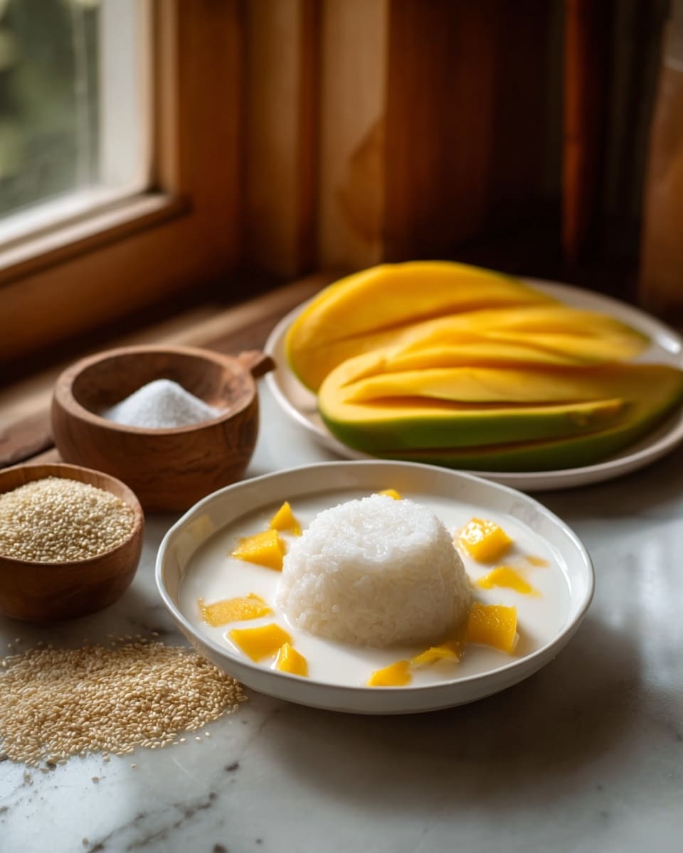The image shows a dish with a mound of white sticky rice in the center of a white bowl, surrounded by a milky white sauce with small pieces of yellow mango on top and around the rice. Behind the bowl, there is a white plate with neatly arranged slices of bright yellow mango with green edges. Nearby on a white marbled surface, there is a wooden bowl filled with beige sesame seeds and a small pile of white granulated sugar. The background shows a soft-focus natural light coming through a window, creating a warm and cozy atmosphere. Photo taken with an iphone --ar 4:5 --v 7
