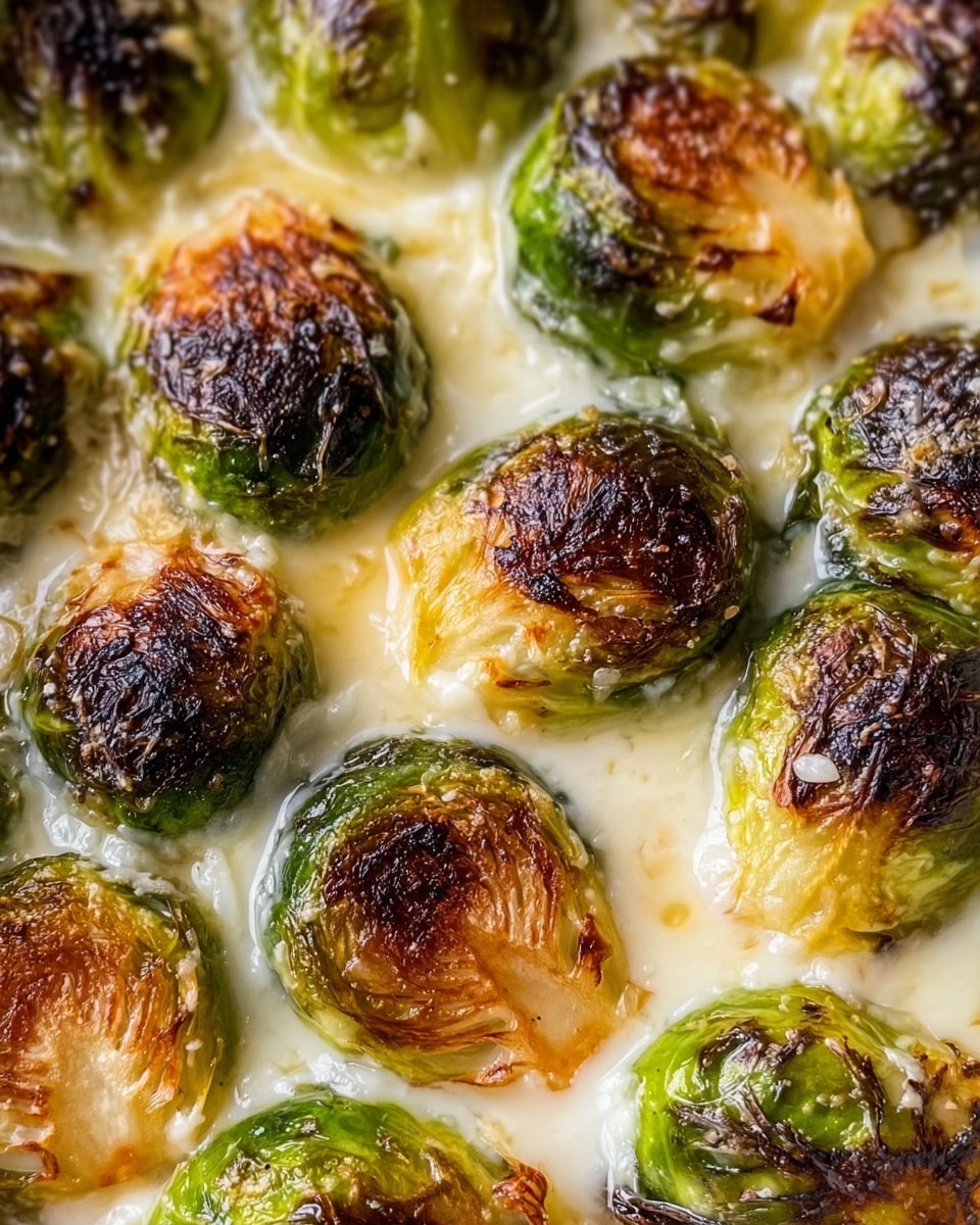 This image shows many roasted Brussels sprouts arranged closely together in a dish. Each Brussels sprout has a browned, slightly crispy top layer with a mix of dark brown and golden colors, while the sides show bright green leaves. The sprouts are sitting in a creamy, melted cheese sauce that is white and smooth, filling spaces between them with a thick texture. The dish has a warm, rich look from the combination of browned tops and creamy sauce underneath. The background is not visible, focusing fully on the Brussels sprouts and sauce. Photo taken with an iphone --ar 4:5 --v 7