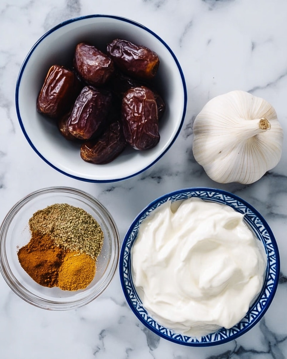 The image shows a white marbled surface with three small bowls and a whole garlic bulb arranged in a loose triangle. The top bowl is white with a blue rim and is filled with dark brown dates that have a smooth, slightly shiny texture. To the right, there is a white bowl with a blue rim filled with thick and creamy white yogurt. At the bottom left, a clear glass bowl contains a mix of yellow and brown powdered spices, scattered loosely and not yet mixed. The garlic bulb is whole, white, and positioned between the dates and yogurt bowls. Photo taken with an iphone --ar 4:5 --v 7