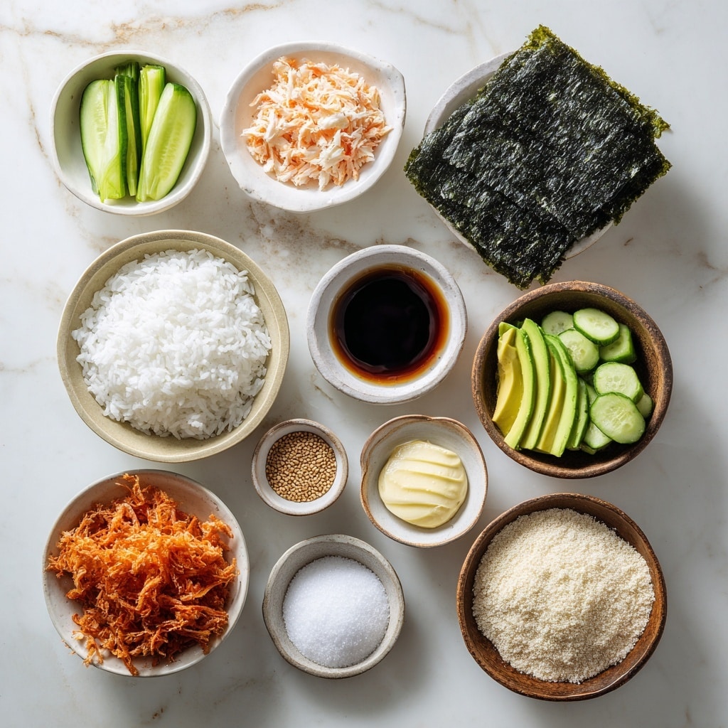 The image shows a white container filled with two rows of sushi rolls. Each roll has an outer layer of crispy golden-brown tempura coating, followed by a thin black seaweed wrap inside. Inside the rolls, there are visible layers of white rice, green cucumber, white and red imitation crab, and creamy light-colored sauce. On top of each sushi roll, there are drizzles of light orange spicy mayo and a dark brown eel sauce, creating a glossy finish. At the back of the container, there are rose-shaped pickled ginger slices in a light pink color. The whole container is placed on a white marbled surface. photo taken with an iphone --ar 4:5 --v 7