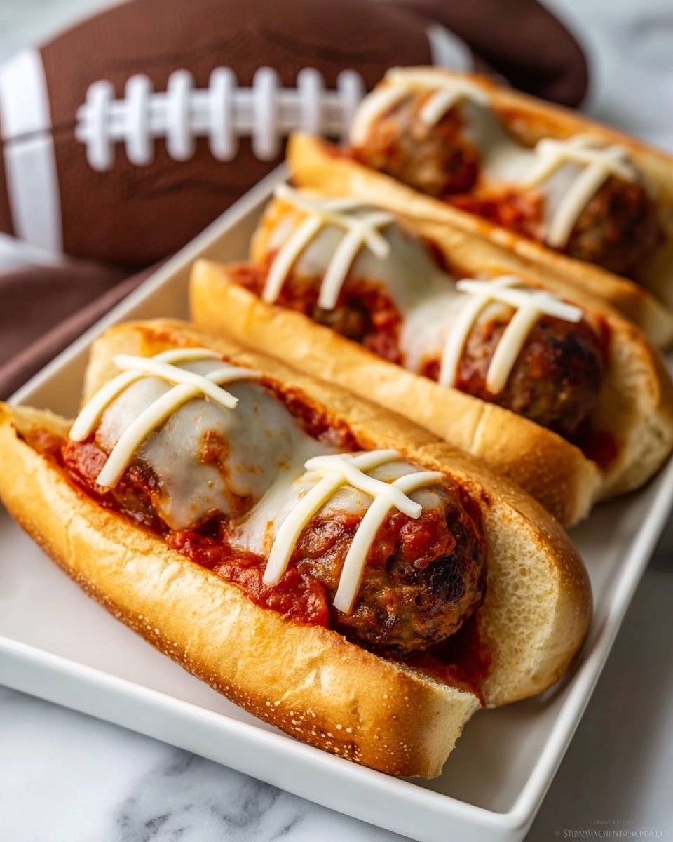 Three mini meatball sandwiches are arranged in a row on a white rectangular plate placed on a white marbled surface. Each sandwich has a soft, golden brown bun holding two large, round meatballs coated in red marinara sauce at the bottom layer. The meatballs are partly covered with melted white cheese, and on top of the cheese, thin strips of cheese are placed crosswise and vertically to look like football laces. A brown napkin with a white football design is placed behind the plate. Photo taken with an iphone --ar 4:5 --v 7