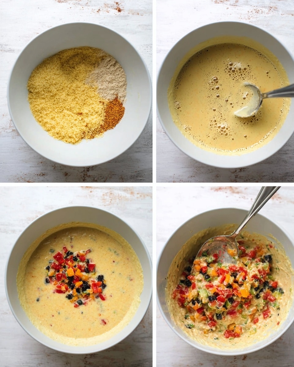 The image shows four stages of making a batter in a white bowl on a white marbled surface. The first layer has dry ingredients with yellowish flour and some red spices on the right side, forming a textured pile. The second layer is a smooth, light yellow batter with bubbles and a metal spoon resting in it. The third layer has the same batter with colorful diced vegetables—red, orange, yellow, black, and green—piled in the center, being mixed. The fourth layer shows the batter mixed with the vegetables evenly spread throughout, with the spoon inside. Photo taken with an iphone --ar 4:5 --v 7
