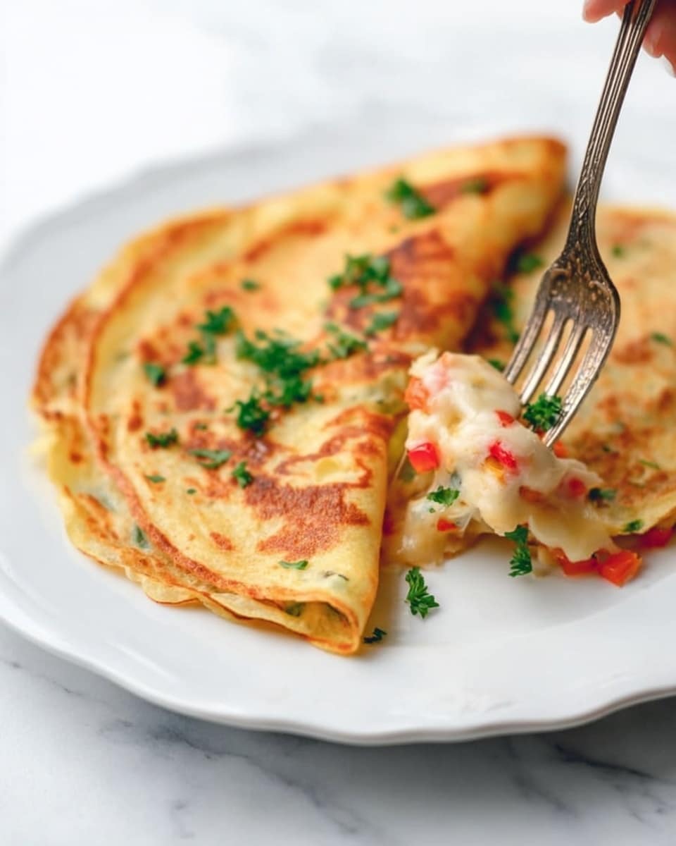 The image shows a close-up of a white plate with a golden-brown folded crepe filled with melted light-colored cheese and small bits of red and green peppers inside. The crepe has slightly crispy edges and some browned spots on the surface. Small green parsley leaves are scattered on top for garnish. A shiny silver fork held by a woman's hand is pulling a piece from the front crepe, revealing the soft melted cheese inside. The background is a white marbled texture. photo taken with an iphone --ar 4:5 --v 7