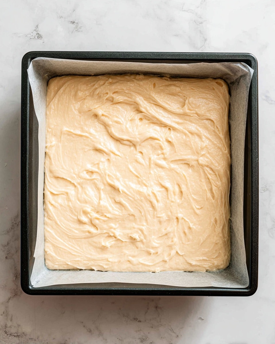 A square black baking pan filled with an even layer of smooth, creamy light beige batter that has a slightly rough textured surface with small swirls and ridges, sitting on a white marbled background. The batter layer is thick and spreads edge to edge within the pan, with parchment paper lining seen peeking out on the sides. Photo taken with an iphone --ar 4:5 --v 7