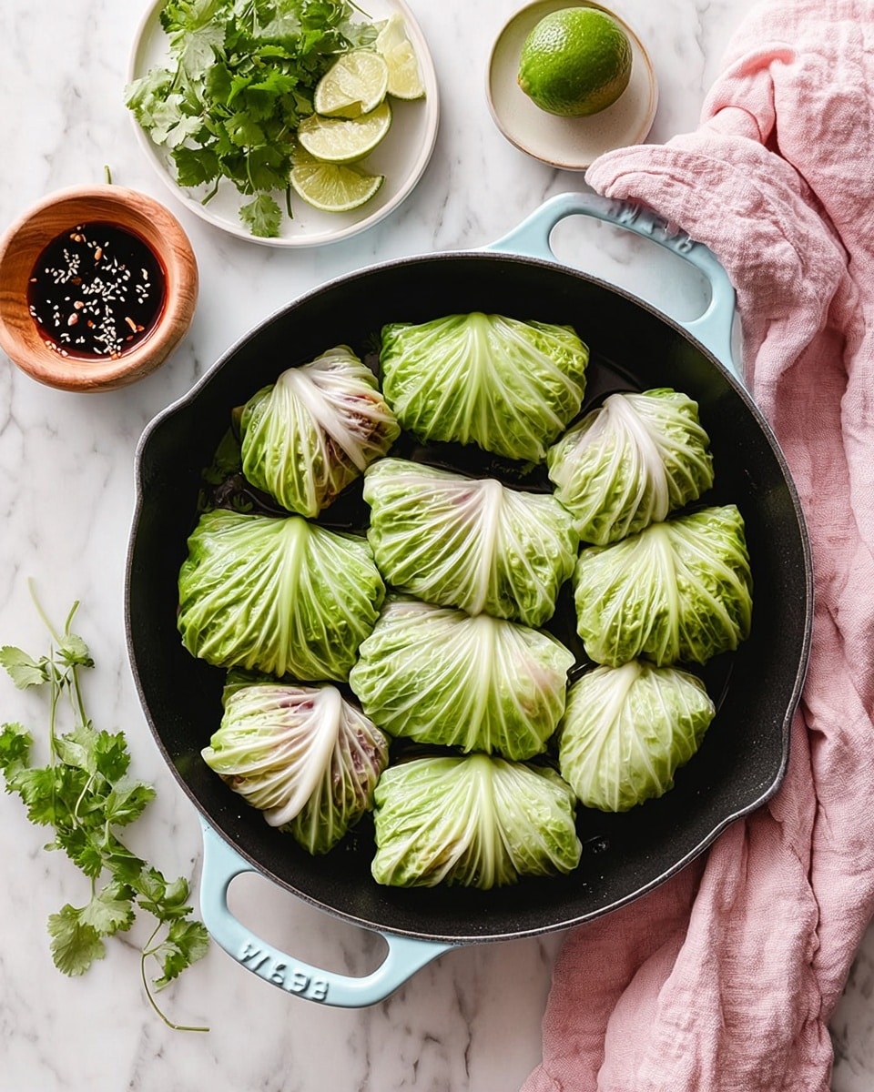 A light blue cast iron pan holds about twelve green cabbage rolls, each wrapped carefully with white cabbage leaves and laid in a circular pattern inside the pan. The cabbage leaves are a mix of vibrant green and pale white, showing a fresh, layered texture. Around the pan on a white marbled surface are a small brown dish of black sauce, a wooden bowl with black seeds or spices, and a white plate with fresh green herbs and sliced limes. A pink cloth is softly placed to the right, adding a gentle color contrast. Photo taken with an iphone --ar 4:5 --v 7