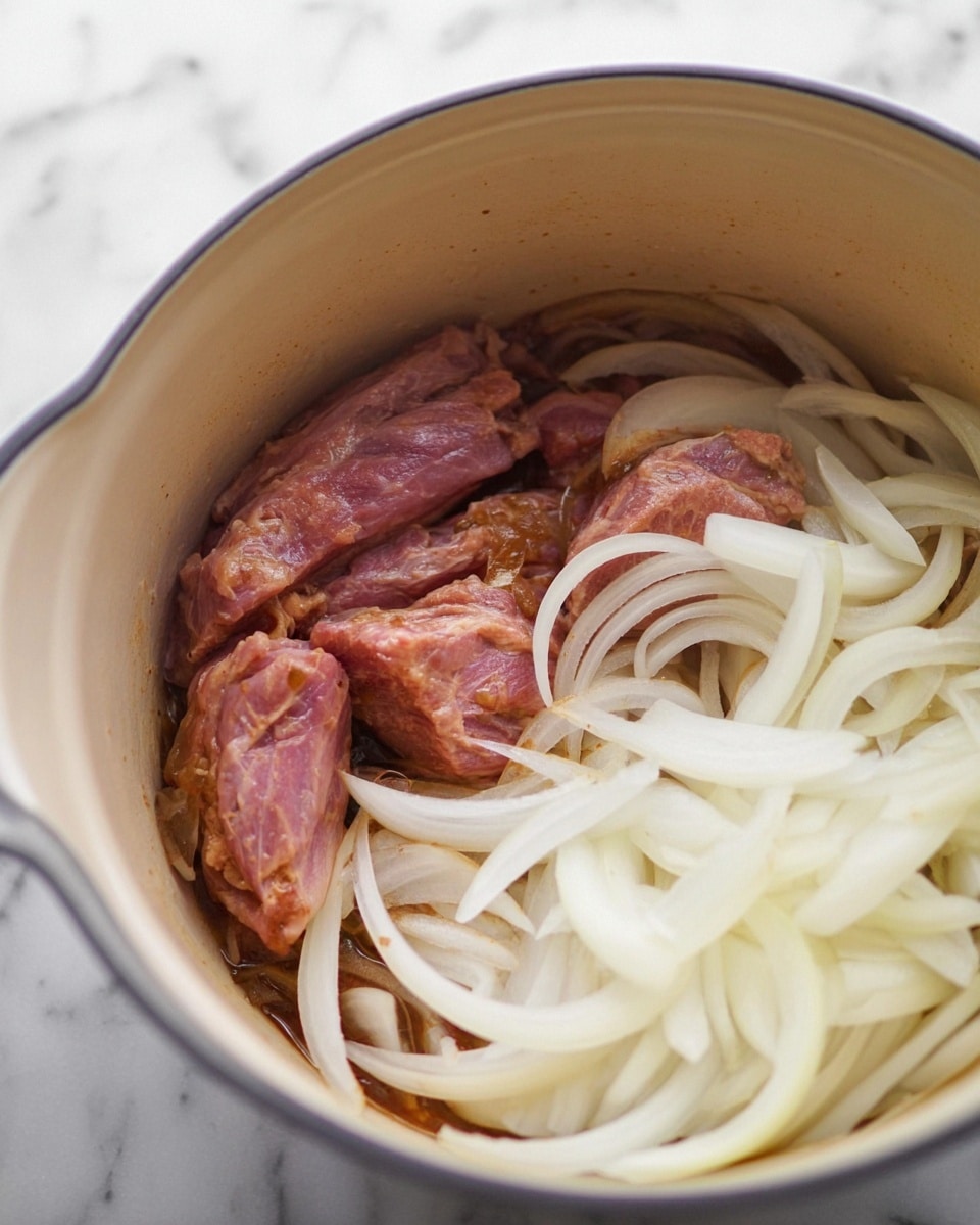 A close-up of a white pot filled with rich, orange-yellow stew bubbling gently. Inside the stew are visible dark red chunks of meat, soft slices of onion, and scattered white beans. A single green bay leaf floats near the center, adding contrast to the warm colors. A dark blue spoon is partially submerged on the right side, stirring the thick soup. The pot sits on a white marbled surface, enhancing the vibrant colors of the stew. Photo taken with an iphone --ar 4:5 --v 7