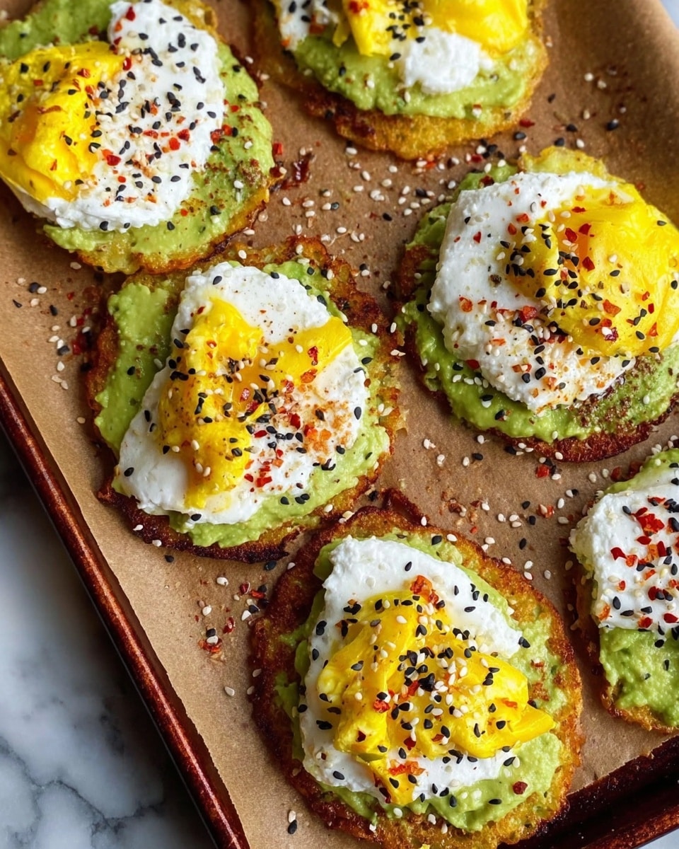 The image shows five small round pancakes with a rough golden-brown texture at the bottom, placed on a brown baking sheet. Each pancake is topped with a layer of bright green creamy avocado spread, followed by a layer of white soft ricotta cheese or similar creamy topping. On top of the white layer is a small amount of scrambled yellow eggs. The dish is finished with a sprinkling of black and white sesame seeds and red chili flakes scattered across the toppings and around the pancakes. The background is a white marbled surface. photo taken with an iphone --ar 4:5 --v 7