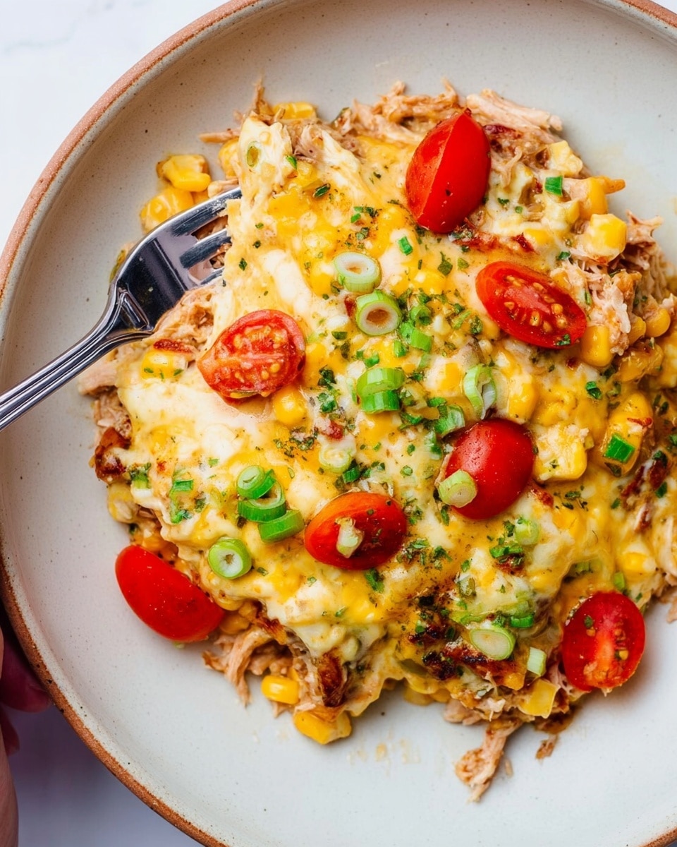 The dish is served on a white plate with a white marbled surface background. It has multiple layers: a base of cooked shredded meat mixed with creamy sauce and corn kernels, topped with melted yellow and white cheese spread unevenly across the top. Scattered on the surface are halved bright red cherry tomatoes and thin green slices of spring onions, with small green herb pieces sprinkled all over. A woman's hand is holding a fork piercing into the food on the left side of the plate, adding a sense of action. The textures show a mix of soft, creamy, and slightly chunky components, with vibrant warm colors and fresh accents. photo taken with an iphone --ar 4:5 --v 7