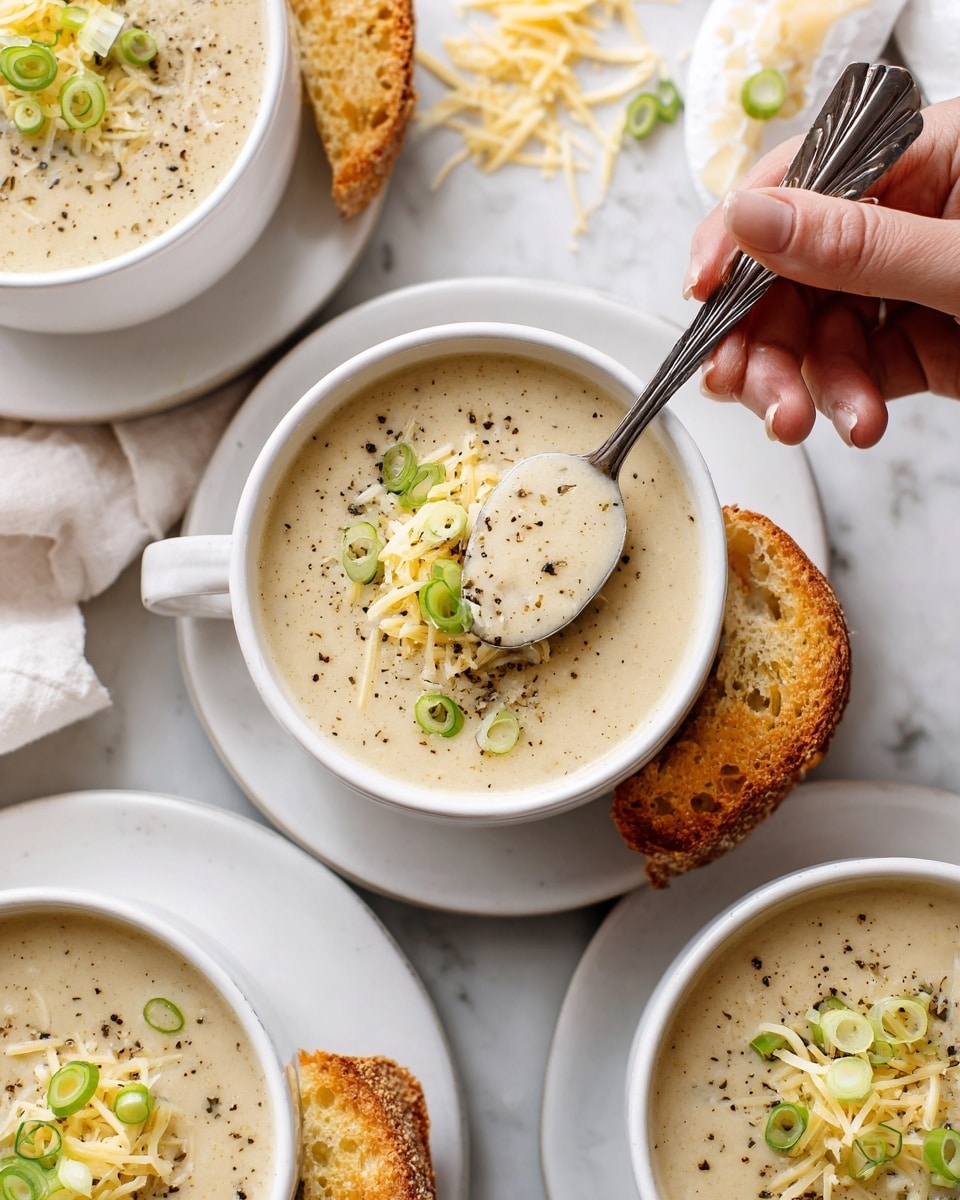 The image shows three white mugs filled with creamy, light beige soup topped with thin slices of bright green onions and pale yellow shredded cheese, sprinkled lightly with black pepper. Each mug is on a white plate with a crispy, golden-brown piece of bread resting on the plate or dipped slightly into the soup. A woman's hand is holding a spoon in one mug, lifting a smooth, thick spoonful of soup. The background is a white marbled surface with a few scattered cheese shreds and green onion slices around the mugs. Photo taken with an iphone --ar 4:5 --v 7