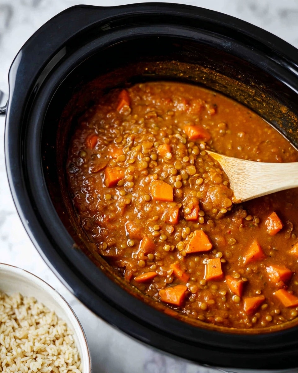 A black slow cooker filled with thick orange-brown stew that has visible chunks of soft orange carrots and small pieces of lentils scattered throughout. A wooden spoon with a light color is partially submerged in the stew, stirring it gently. The slow cooker rests on a white marbled surface with part of a white bowl filled with light brown rice visible in the bottom right corner. Photo taken with an iphone --ar 4:5 --v 7