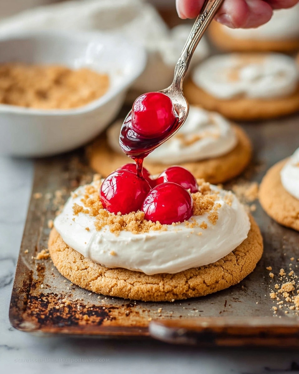 A round cookie with a golden brown color is the base layer, topped with a thick, creamy white frosting spread evenly across it. On top of the frosting, there are light brown crumbs sprinkled around, adding texture. A spoon held by a woman's hand is placing three shiny, bright red cherries with syrup in the center of the cookie. The cookie rests on a worn baking tray with rustic marks. The background shows more cookies with similar toppings and a white bowl holding extra crumbs on a white marbled surface. Photo taken with an iphone --ar 4:5 --v 7