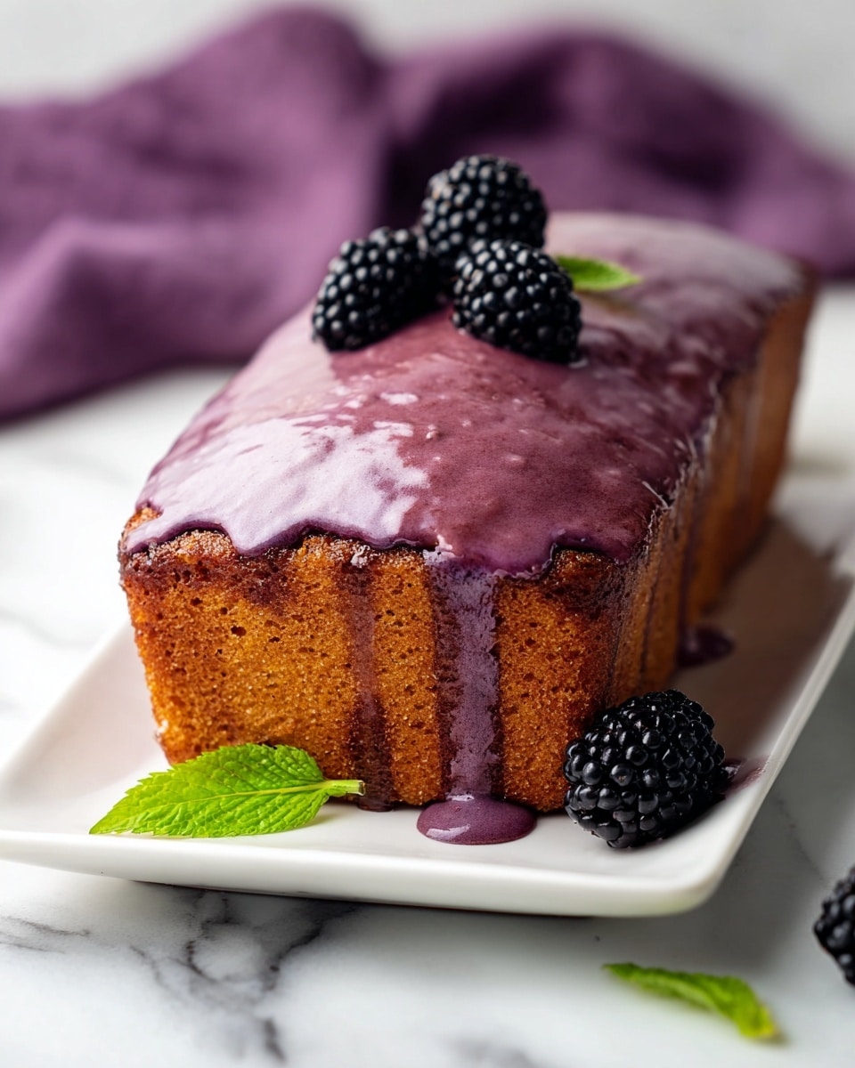 The image shows one loaf cake on a white rectangular plate, placed on a white marbled surface. The cake has a moist, golden-brown texture with a shiny, purple glaze dripping down the sides. On top of the cake, there are two glossy blackberries and another blackberry with a small green leaf beside the cake on the plate. A blurred purple cloth is in the background. photo taken with an iphone --ar 4:5 --v 7