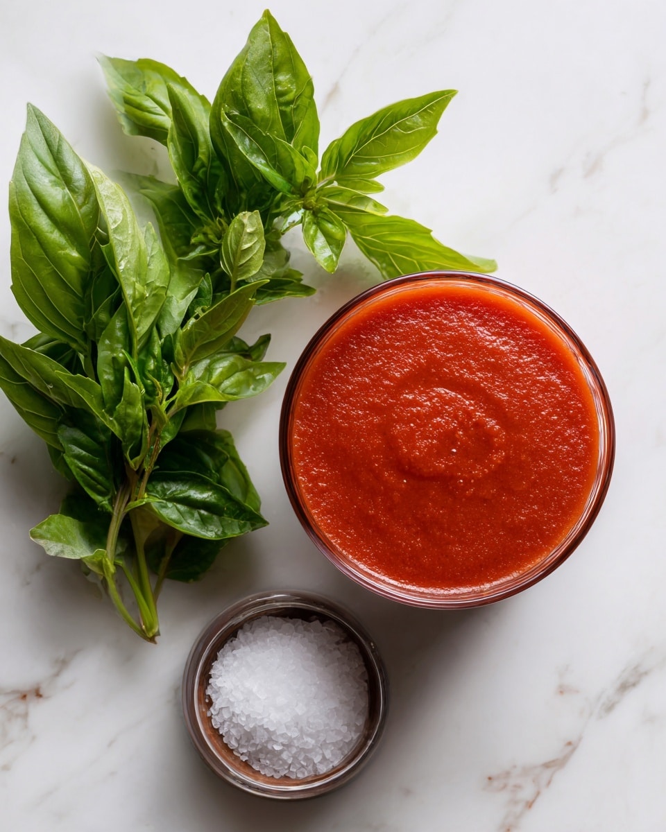 The image shows a top view of a glass filled with thick, smooth red tomato sauce on a white marbled surface. Next to the glass on the left side, there is a bunch of fresh green basil leaves with different shades and textures. Below the glass, there is a small clear bowl containing white salt crystals. The background is simple and clean with a white marble texture. photo taken with an iphone --ar 4:5 --v 7