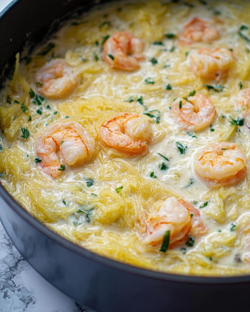 The image shows a close-up of a creamy dish in a black pot, with light yellow shredded spaghetti squash as the base layer mixed throughout the white creamy sauce. On top of this sauce are several pinkish-orange cooked shrimp, scattered evenly with some small green herb pieces sprinkled all over. The creamy sauce has a smooth texture, gently surrounding the spaghetti squash strands and shrimp, giving the dish a rich and glossy look. The background is a white marbled surface. photo taken with an iphone --ar 4:5 --v 7