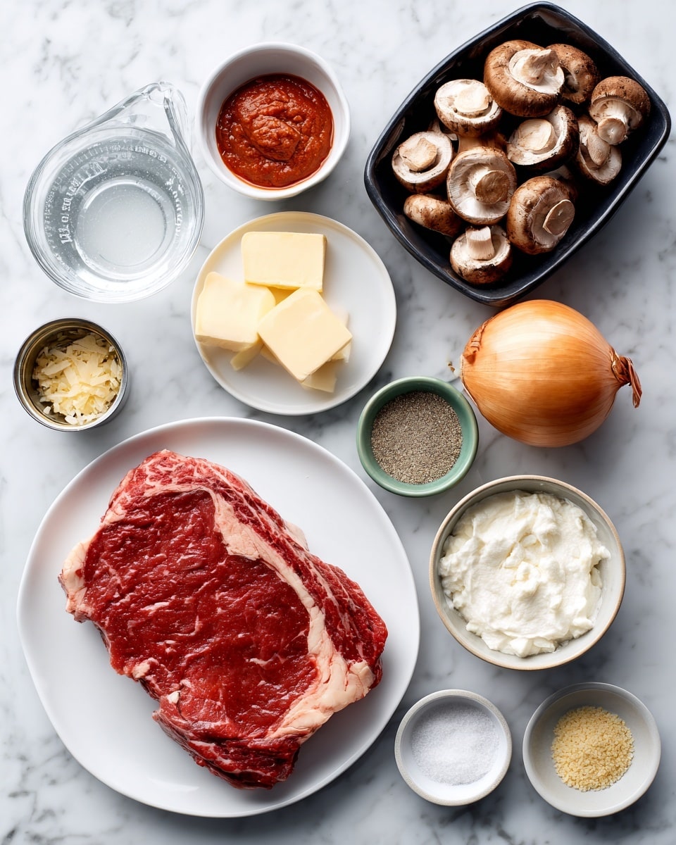 On a white plate sits a single thick raw sirloin steak with visible marbling and a natural red-brown color. Around it, on a white marbled surface, are various ingredients arranged neatly: a small white bowl holds bright red tomato paste, a clear measuring cup contains water, a black plastic tray is filled with sliced brown and white mushrooms, and a small white bowl holds a pale yellow square of butter. Nearby, a halved white onion sits next to a small white bowl of white flour. There is also a white sour cream container with its lid on, a small green bowl with white salt, a small brown bowl of light brown garlic powder, and an unopened can of cream of mushroom soup with a green and white label. The whole setup is brightly lit, emphasizing the natural colors and textures of each ingredient. photo taken with an iphone --ar 4:5 --v 7